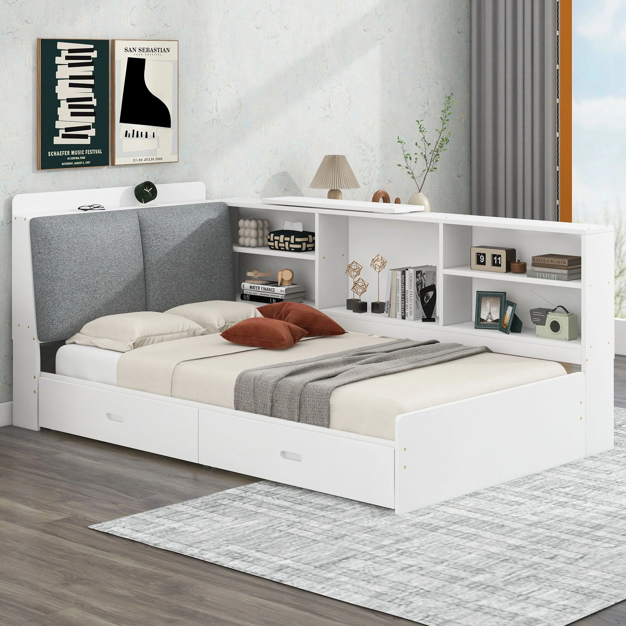 Platform Bed With Storage Headboard, Shelves And 2 Drawers - Image 5