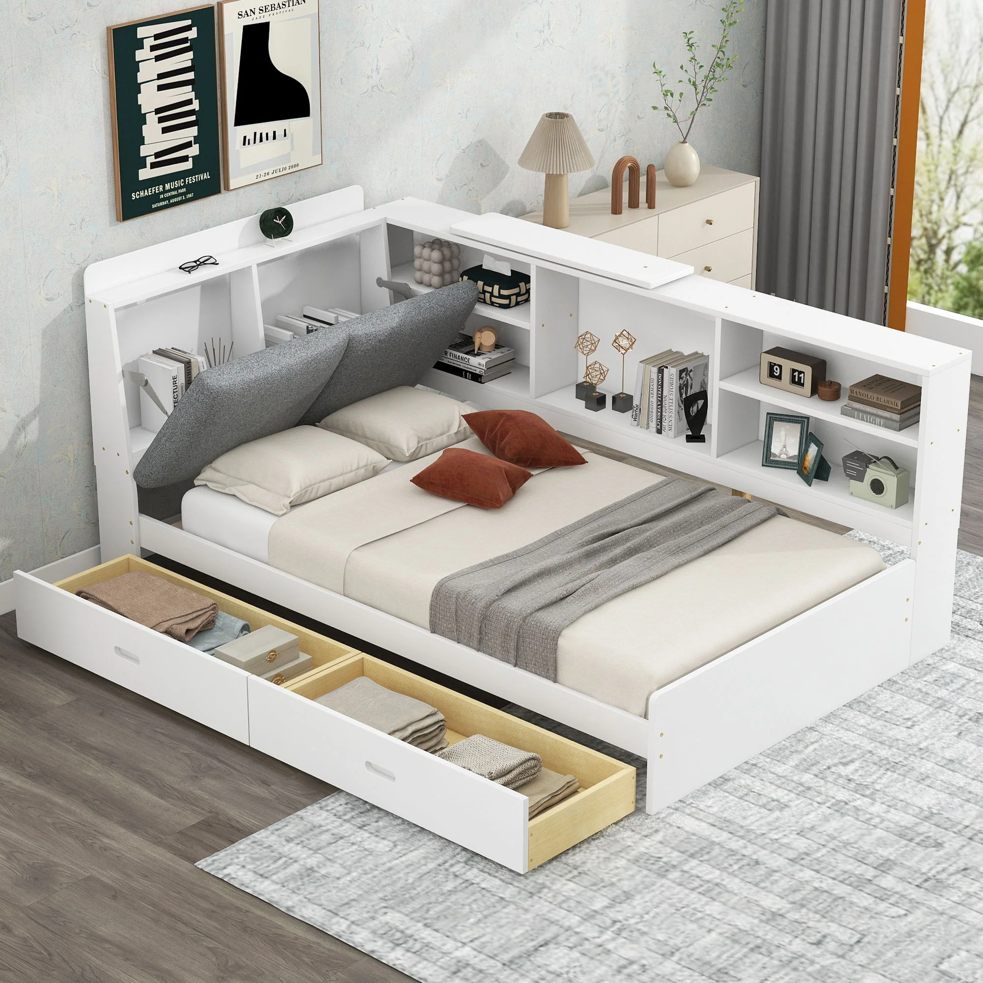 Platform Bed With Storage Headboard, Shelves And 2 Drawers - Image 8