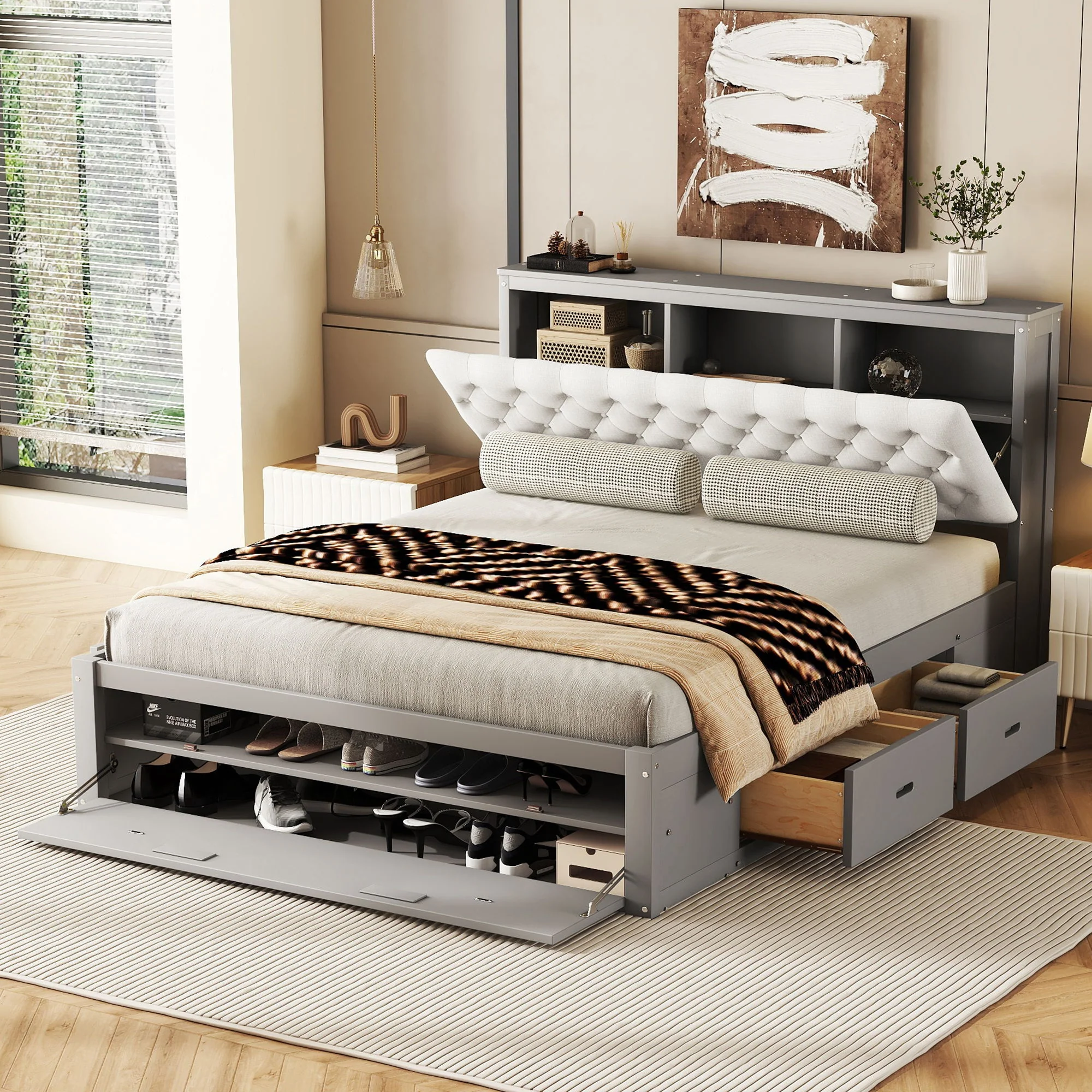Platform Bed With Storage Headboard, Shoe Rack And 4 Drawers - Image 8