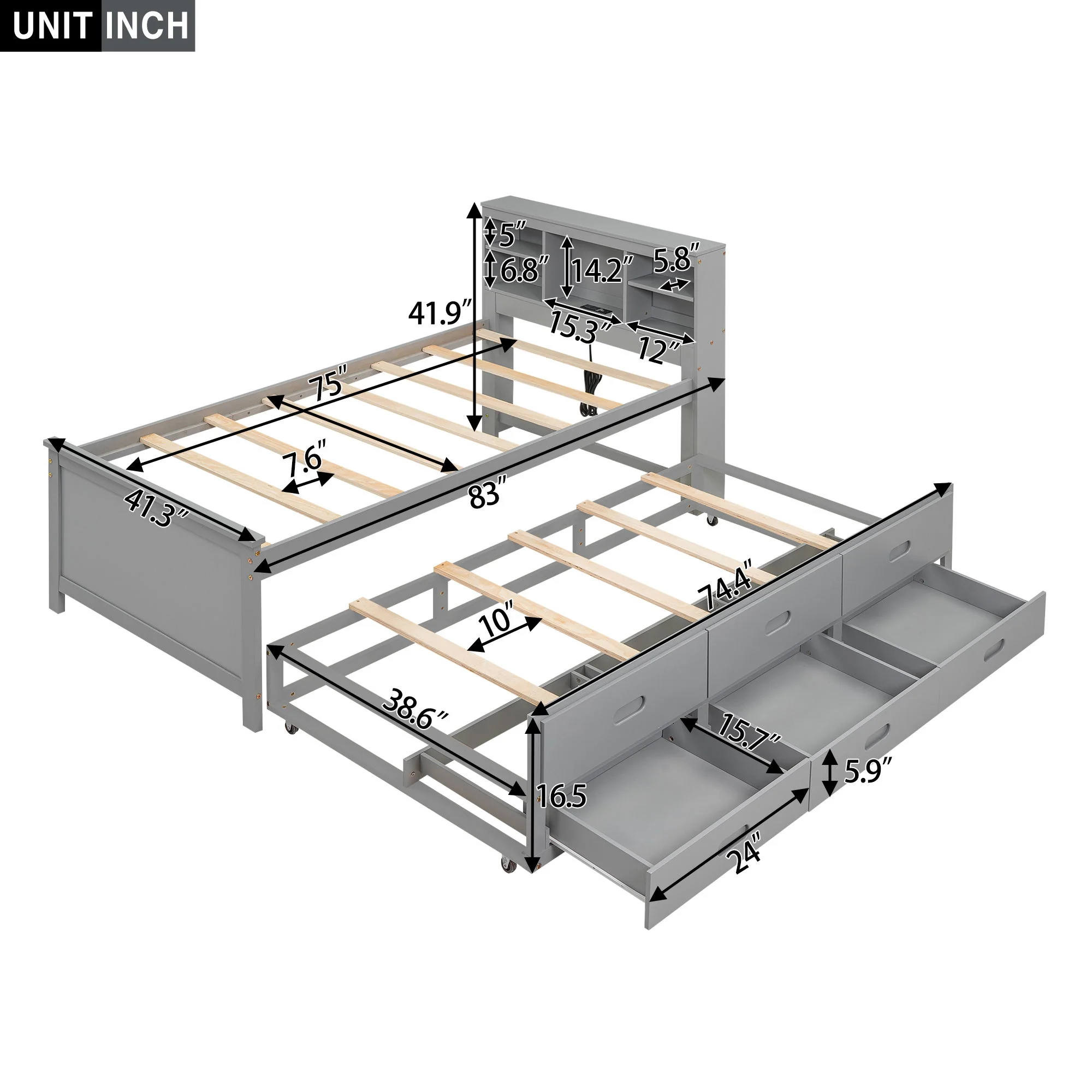 Platform Bed With Storage Headboard, USB, Trundle And 3 Drawers - Image 5