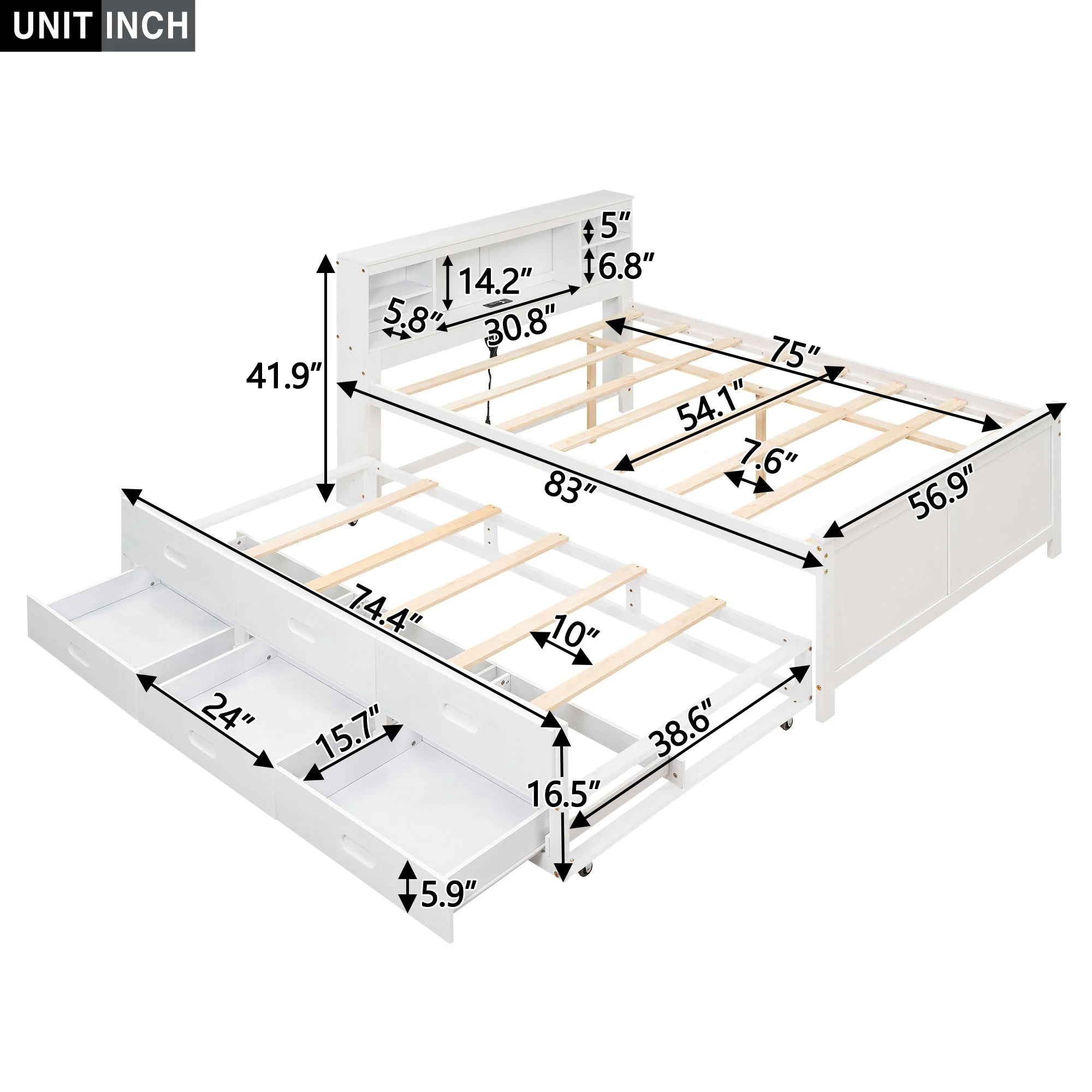Platform Bed With Storage Headboard, USB, Trundle And 3 Drawers - Image 6