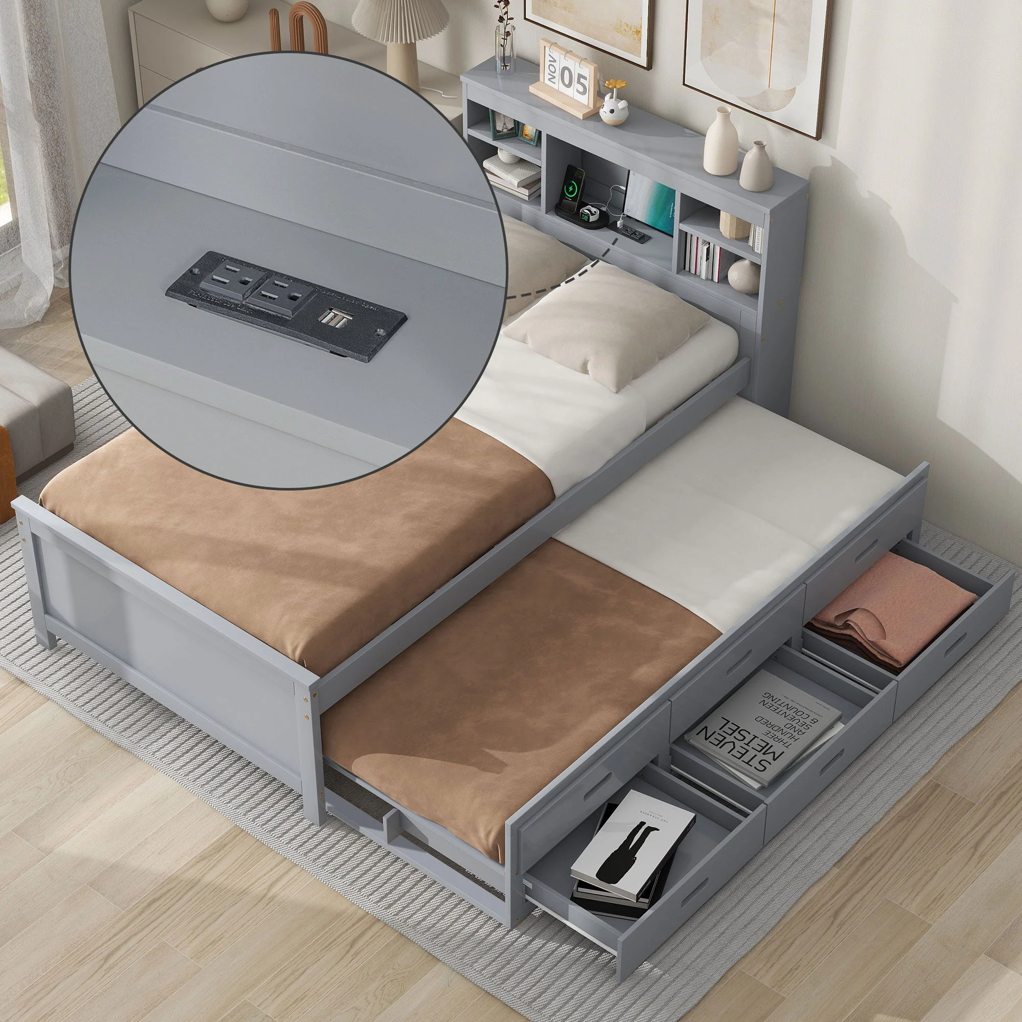 Platform Bed With Storage Headboard, USB, Trundle And 3 Drawers - Image 8