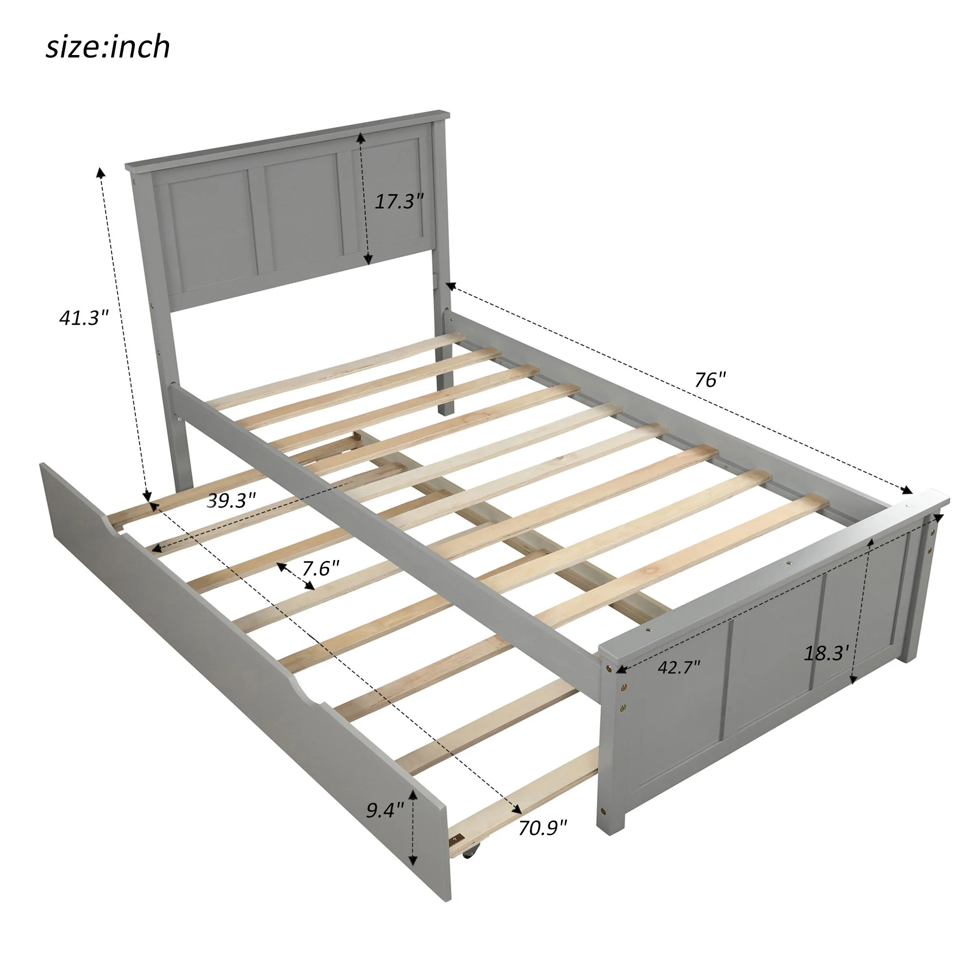 Platform Bed With Twin Trundle And Frame, Twin Size - Gray - Image 4
