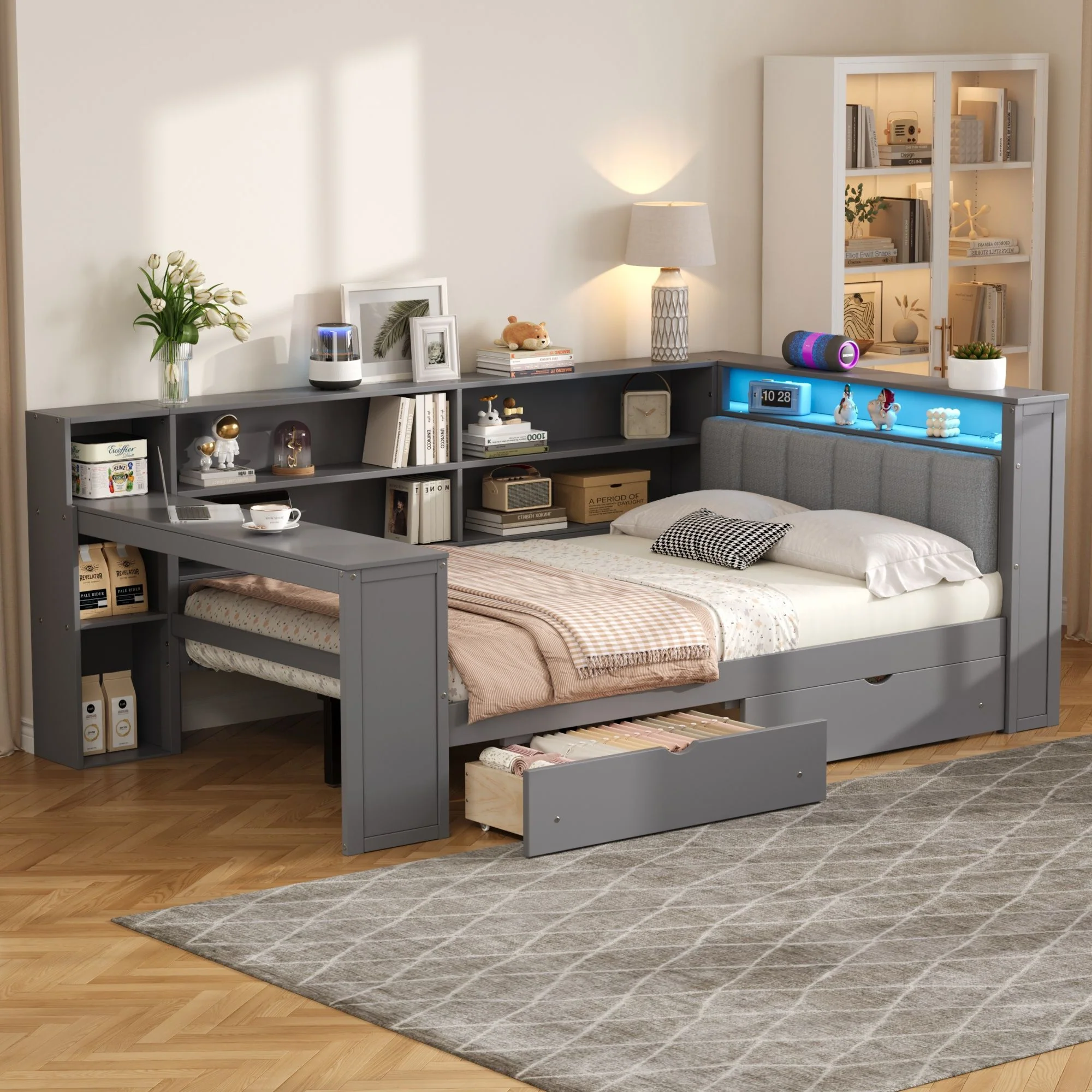Platform Bed With Upholstered Headboard, Storage Shelves, Drawers, Charging Station, LED Lighting, Built In Desk - Image 15