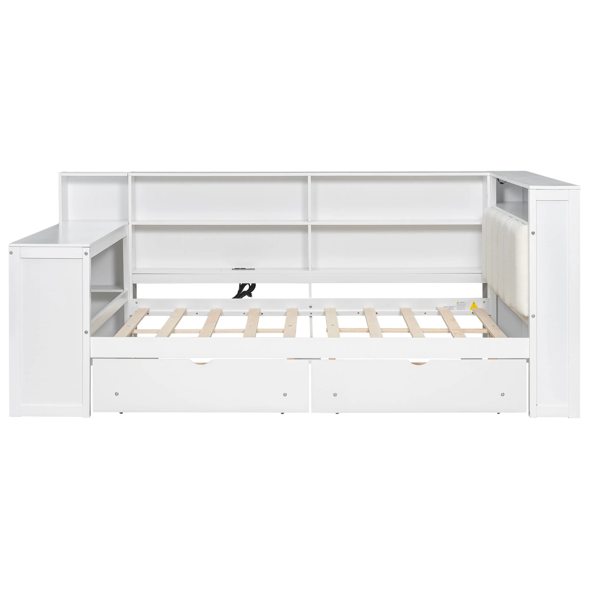 Platform Bed With Upholstered Headboard, Storage Shelves, Drawers, Charging Station, LED Lighting, Built In Desk - Image 2