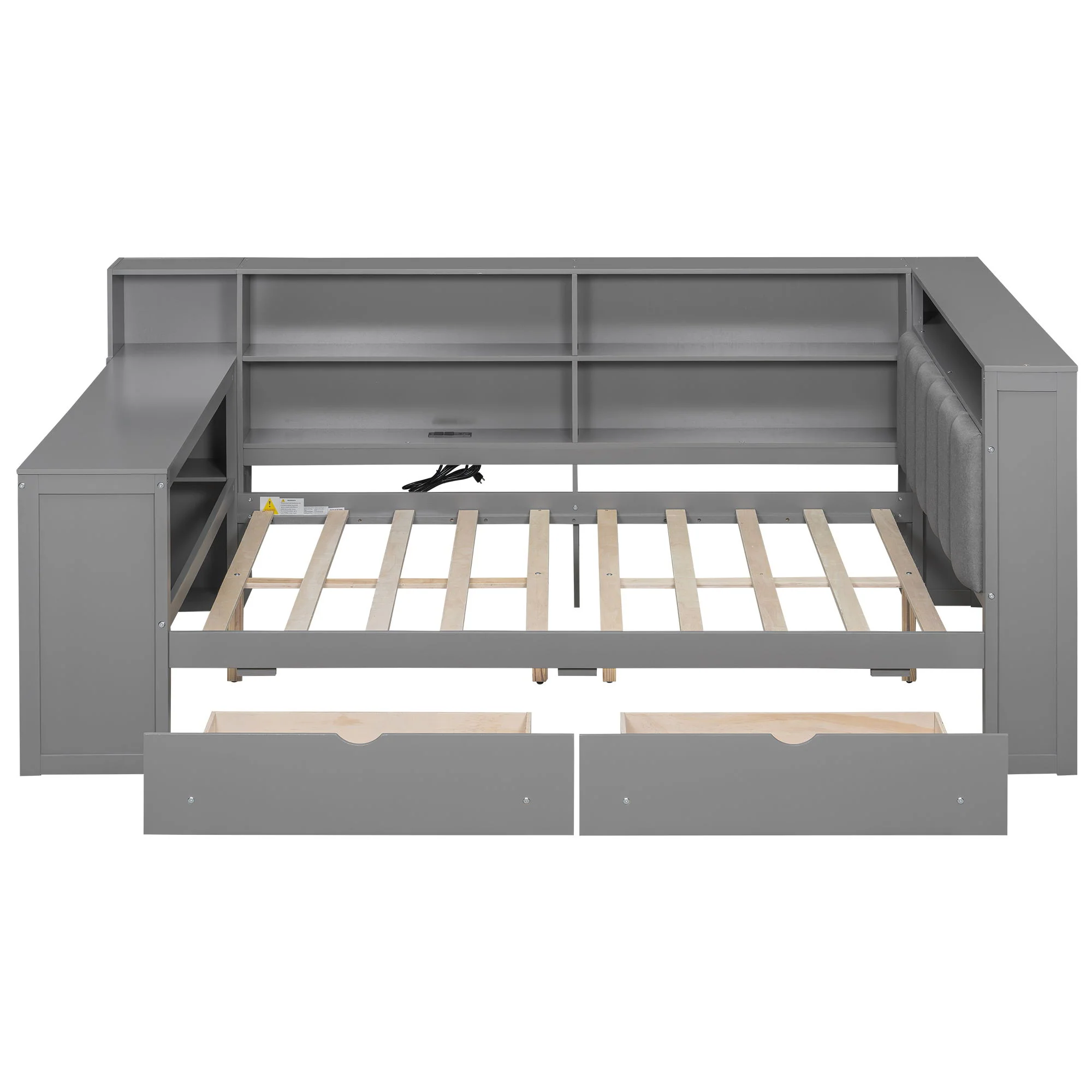 Platform Bed With Upholstered Headboard, Storage Shelves, Drawers, Charging Station, LED Lighting, Built In Desk - Image 3