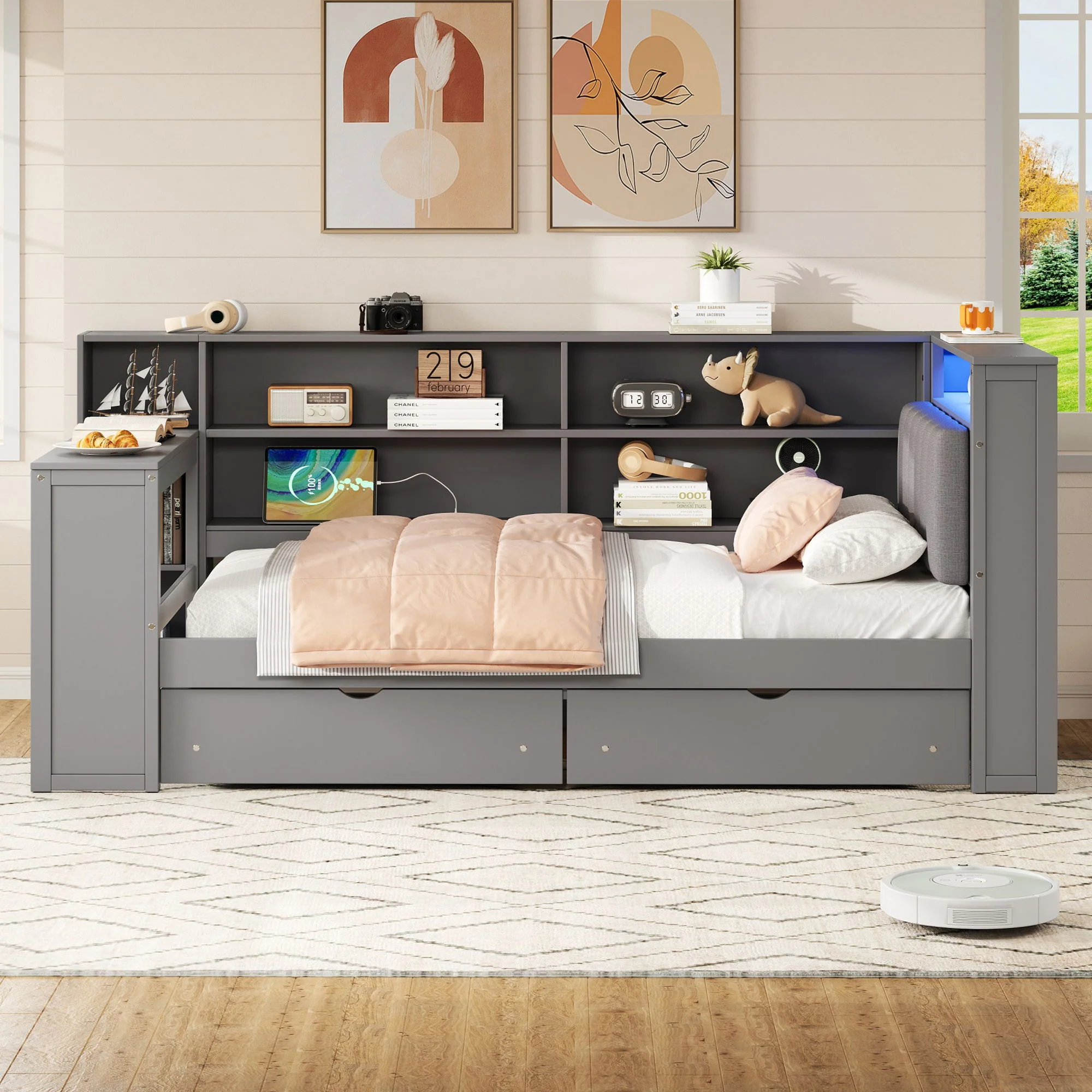 Platform Bed With Upholstered Headboard, Storage Shelves, Drawers, Charging Station, LED Lighting, Built In Desk - Image 9