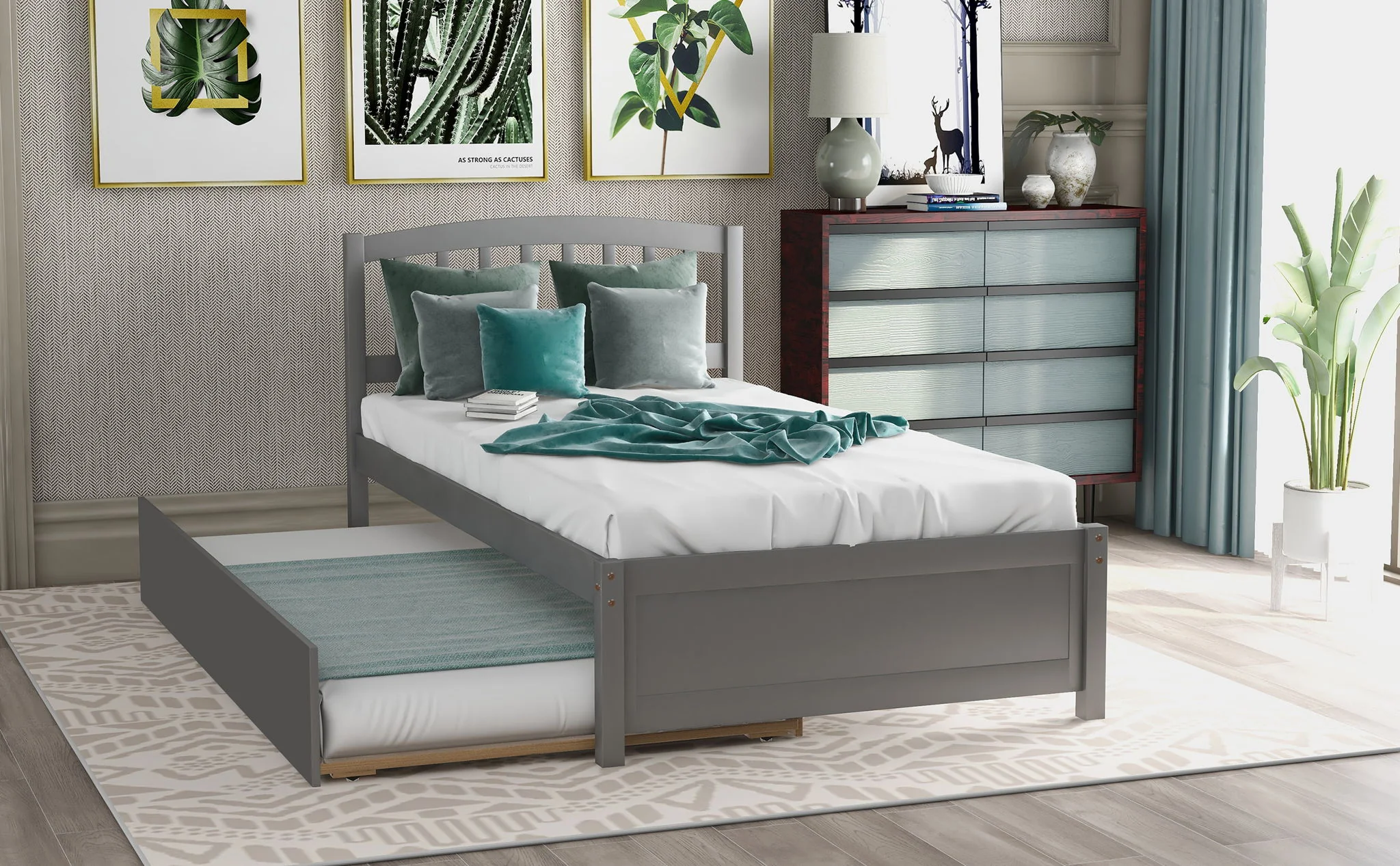 Platform Bed Wood Bed Frame With Trundle - Image 13