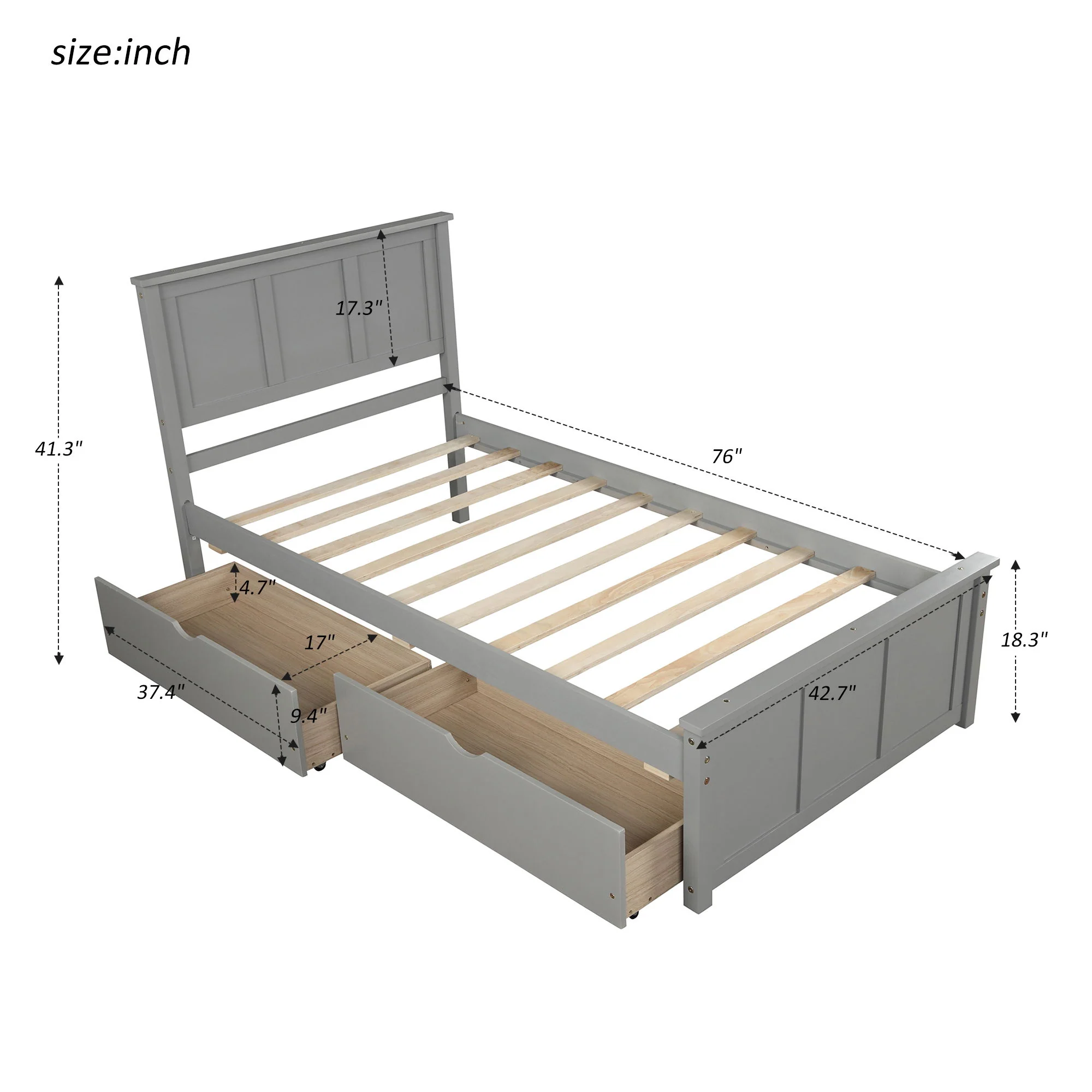 Platform Storage Bed With 2 Wheel Base Drawers - Image 4
