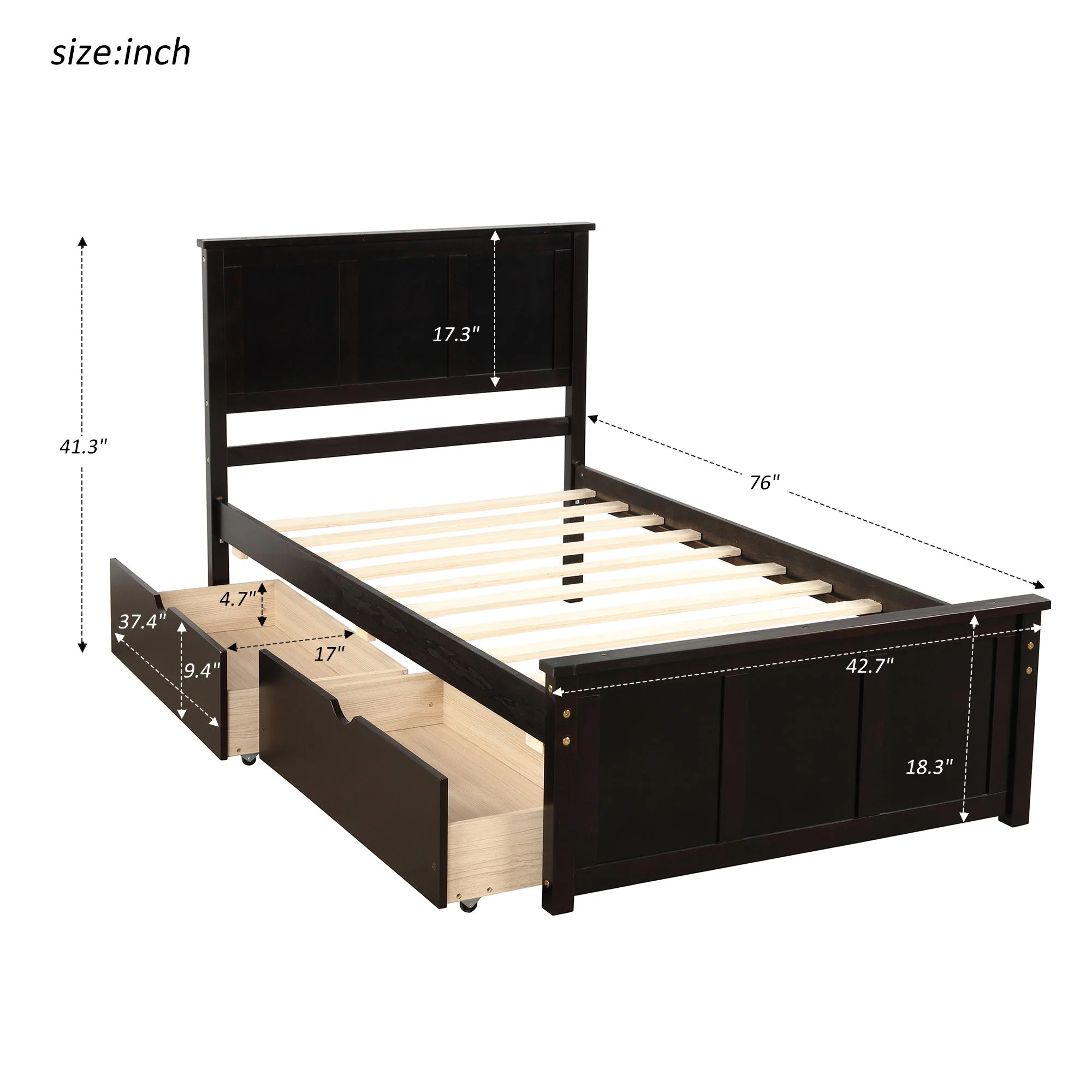 Platform Storage Bed With 2 Wheel Base Drawers - Image 5