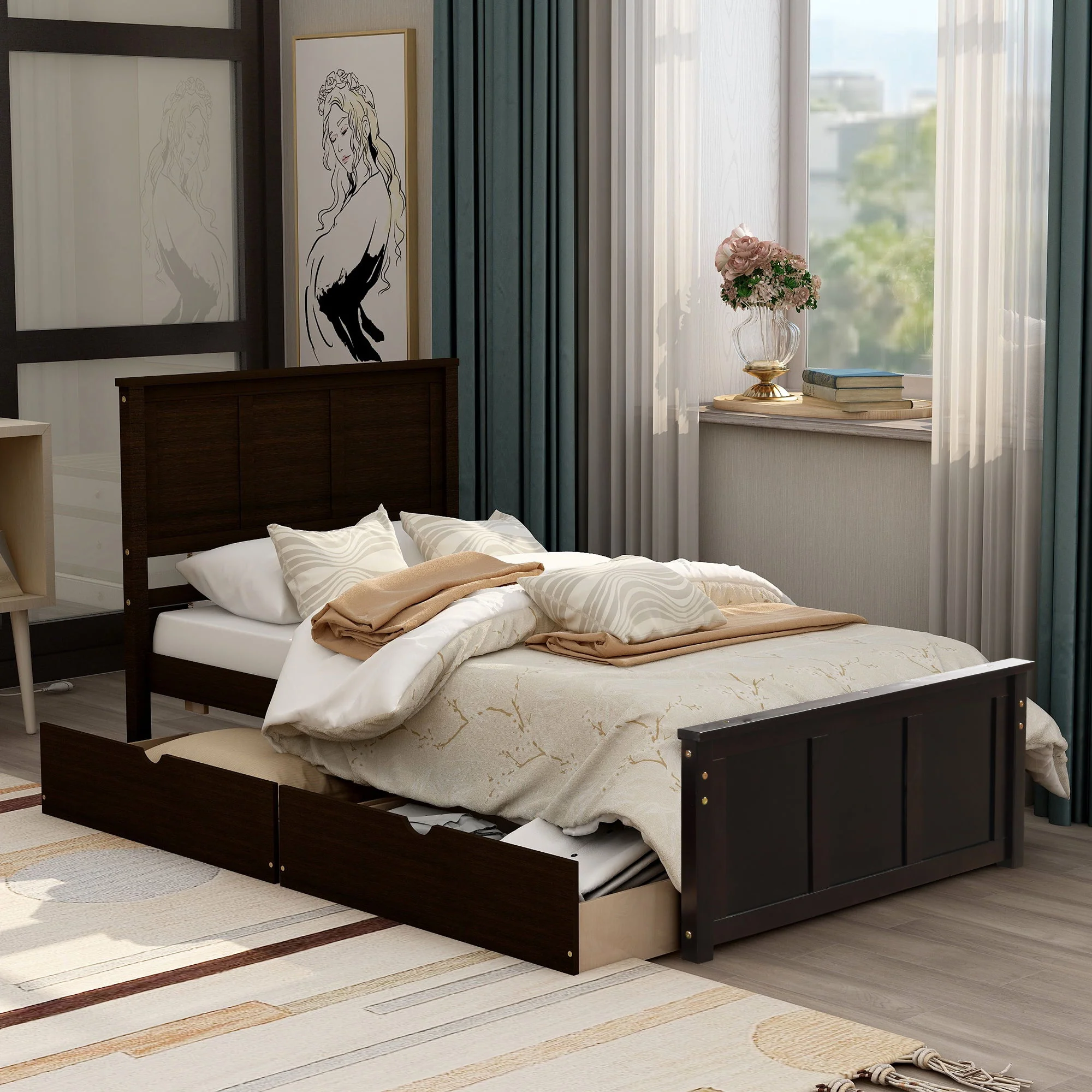 Platform Storage Bed With 2 Wheel Base Drawers - Image 8