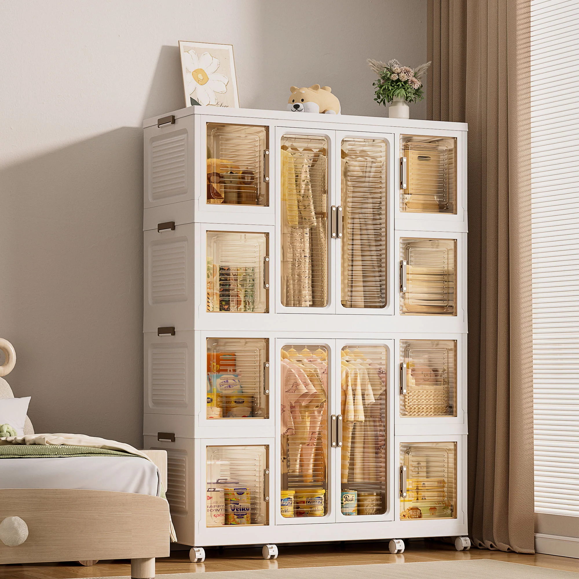 Portable Wardrobe Closet Storage Organizer For Clothes With Magnetic Doors, 12 Cubes & 2 Hanging Rods - White - Image 4