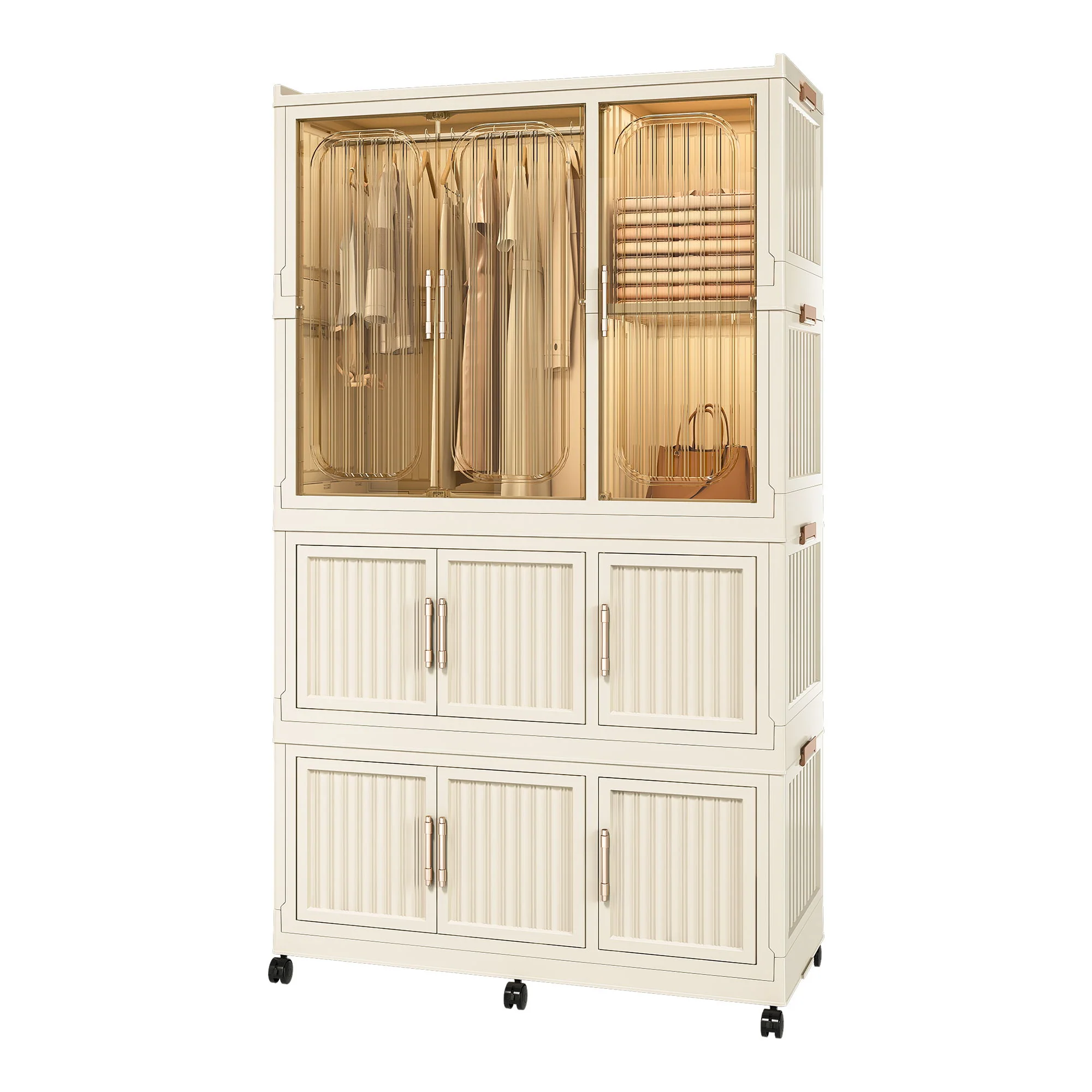 Portable Wardrobe Closet Storage Organizer With 9 Magnetic Doors - Cream White - Image 2