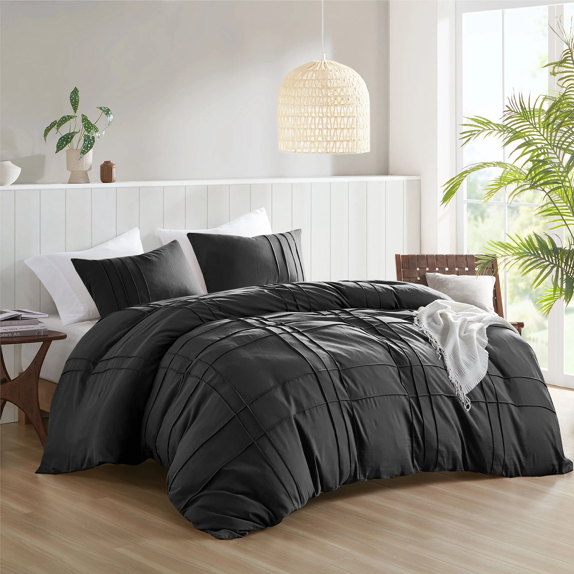 Porter - King Soft Washed Pleated Duvet Cover Set - Black - Image 3