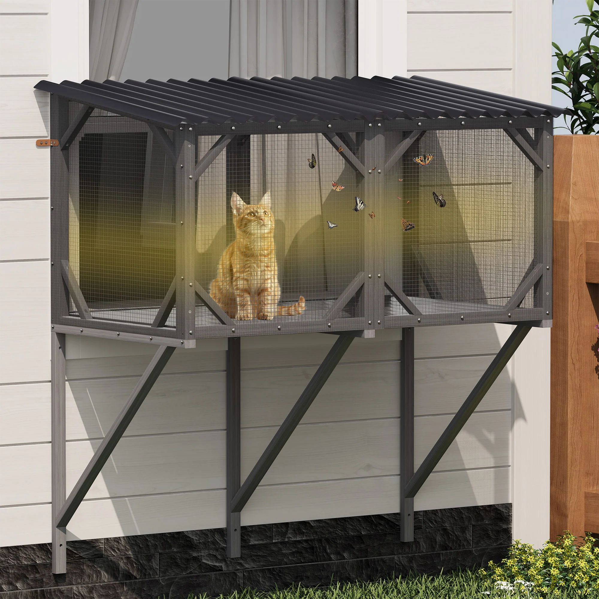 Premium Cat Window Box With Bug Proof Net For Large Indoor Cats Spruce Wood & Polyester - Antique Gray - Image 3