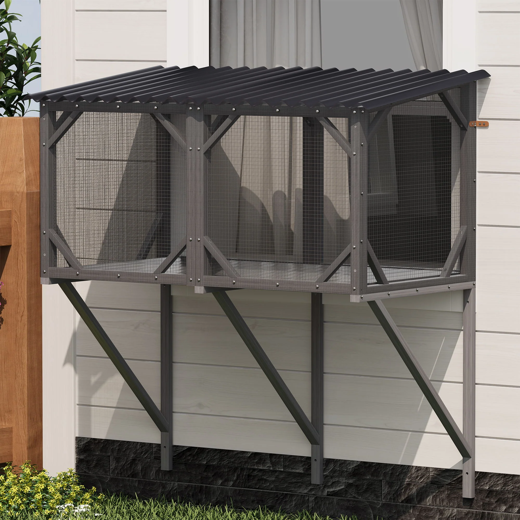 Premium Cat Window Box With Bug Proof Net For Large Indoor Cats Spruce Wood & Polyester - Antique Gray - Image 4