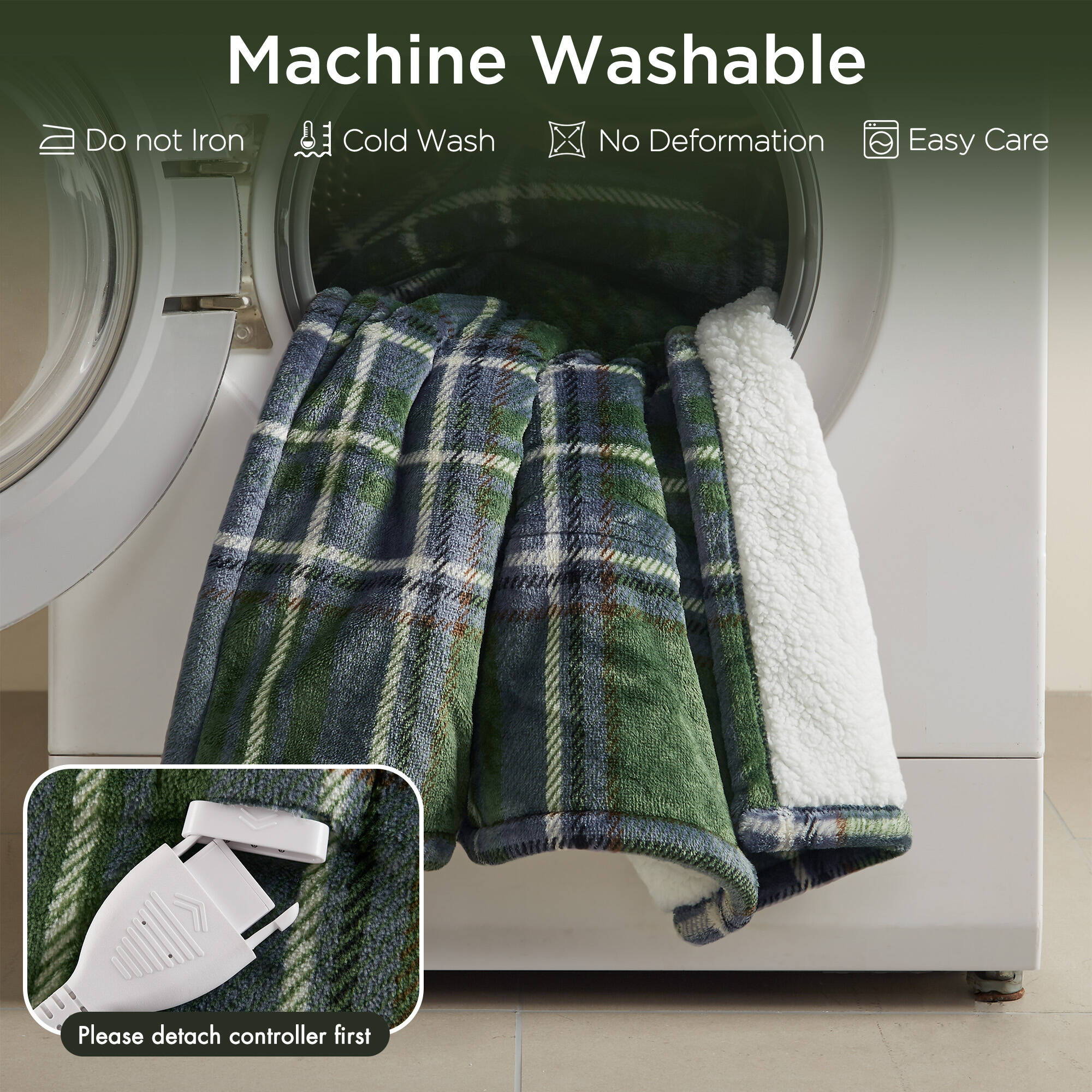 Print Plush To Sherpa - 50X60" Heated Throw - Green Plaid - Image 3