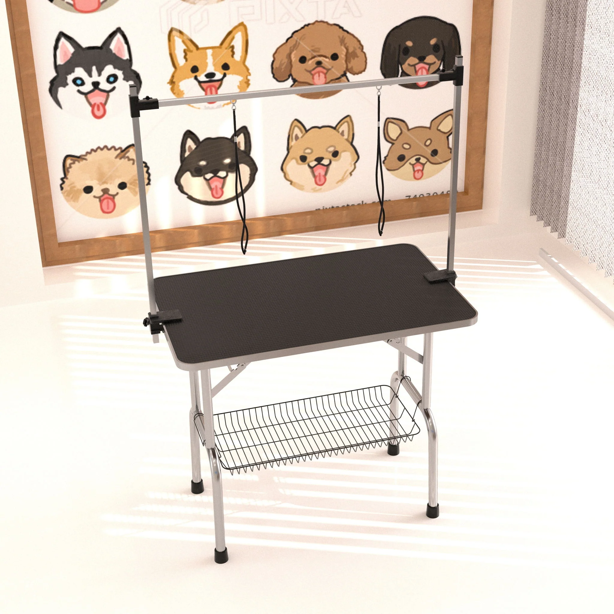 Professional Dog Pet Grooming Table Adjustable Heavy Duty Portable With Arm & Noose & Mesh Tray - Black - Image 3