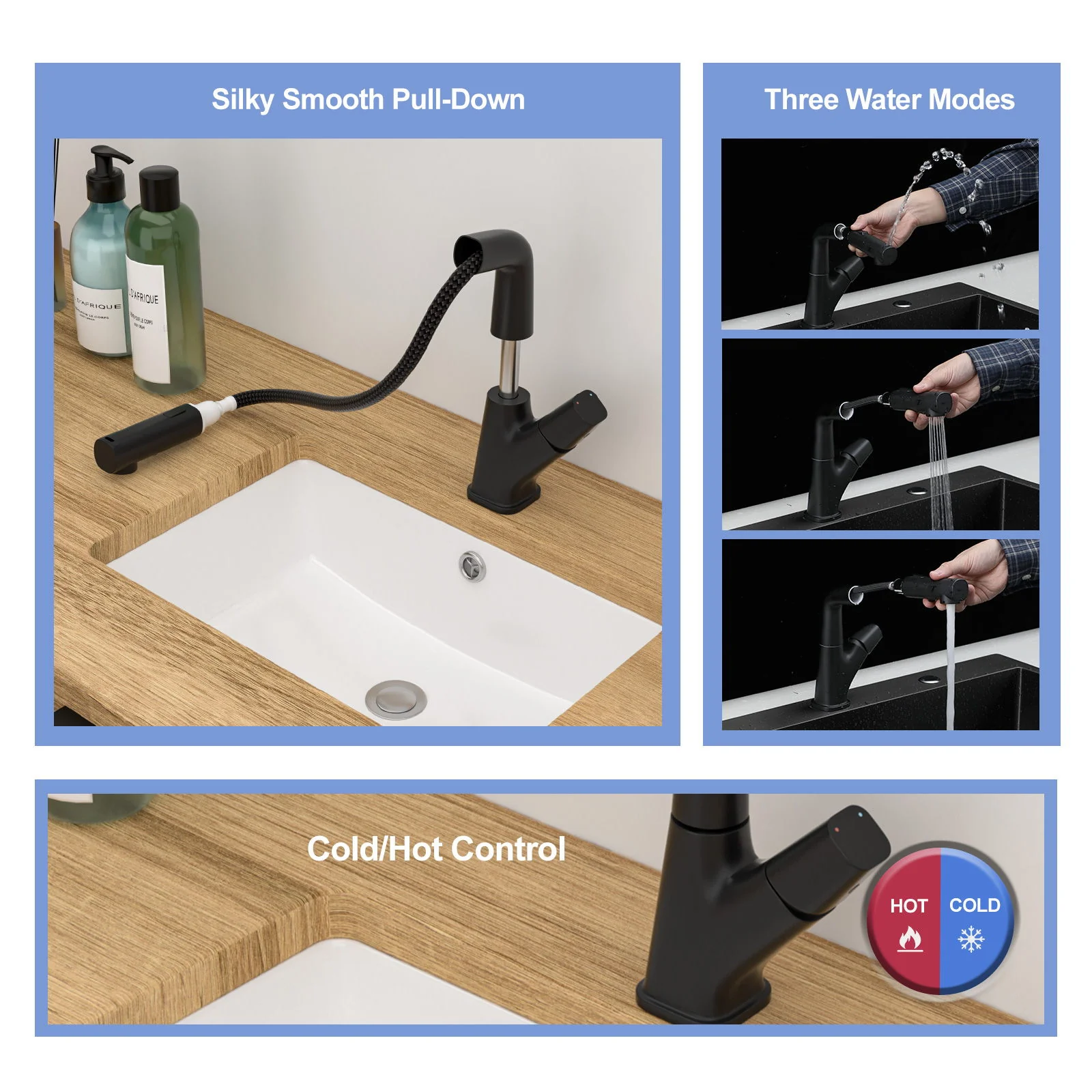 Pull Down Bathroom Sink Faucet With Three Water Modes And Construction - Matte Black - Image 4