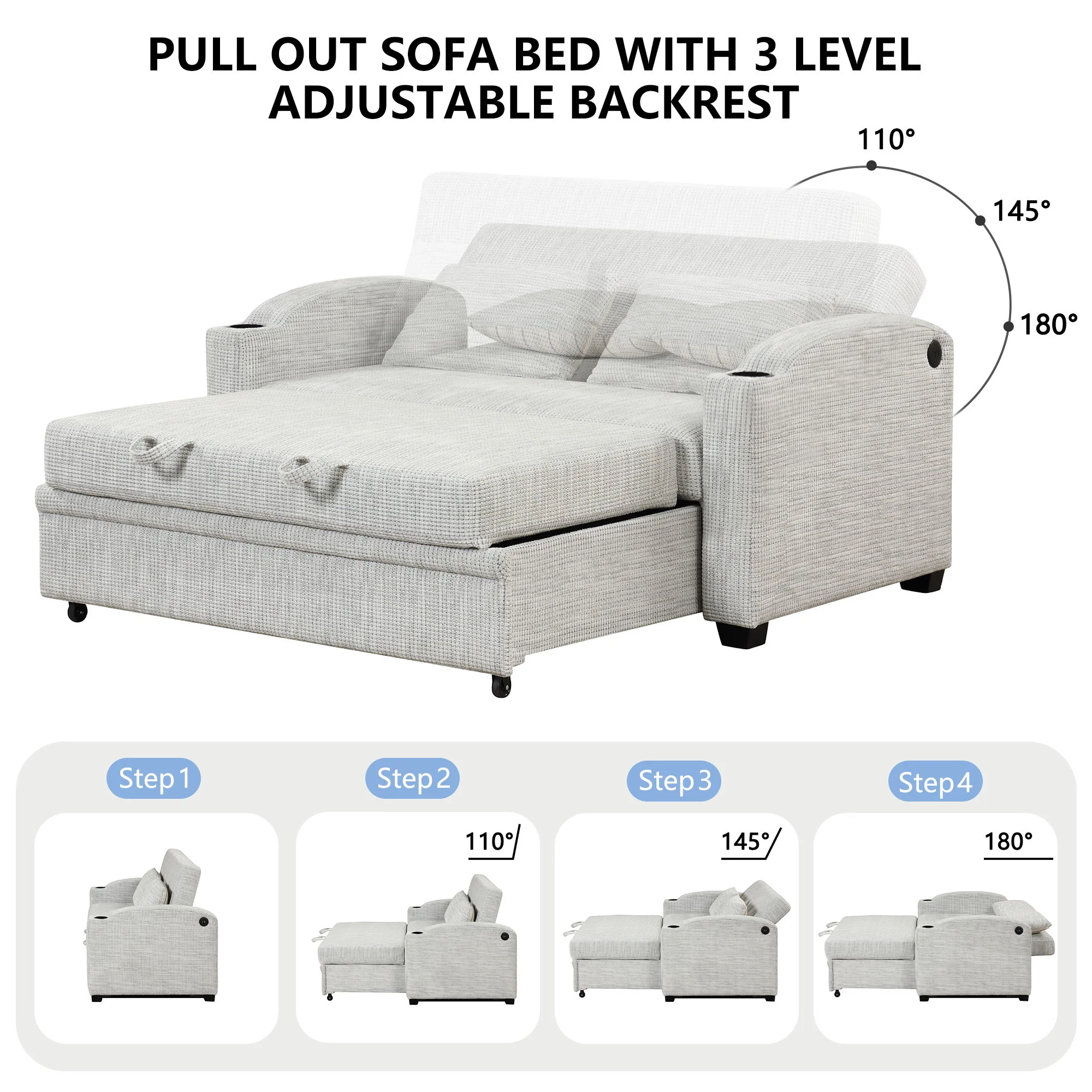 Pull Out Loveseat Sofa With Adjsutable Backrest, 2 Pillows, Cup Holders, USB Ports For Living Room - Image 4