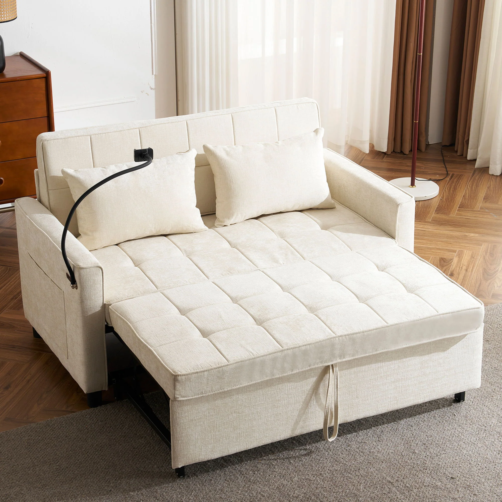 Pull-Out Sleeper Sofa With Reversible Backrest Cushion, Side Pockets, 2 USB Ports And A Phone Holder For Living Room - Image 10