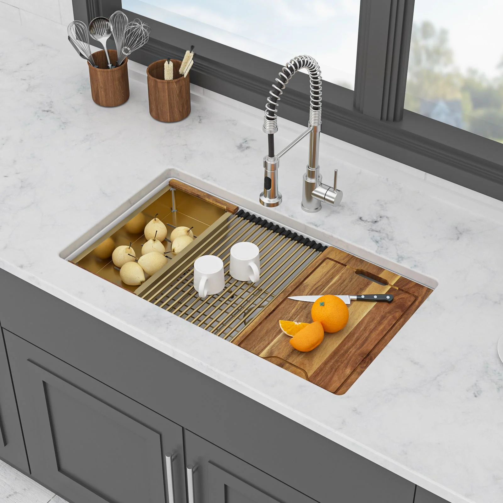 Quartz Composite Kitchen Sink With Undermount Design, Durable Single Bowl Workstation - Image 5
