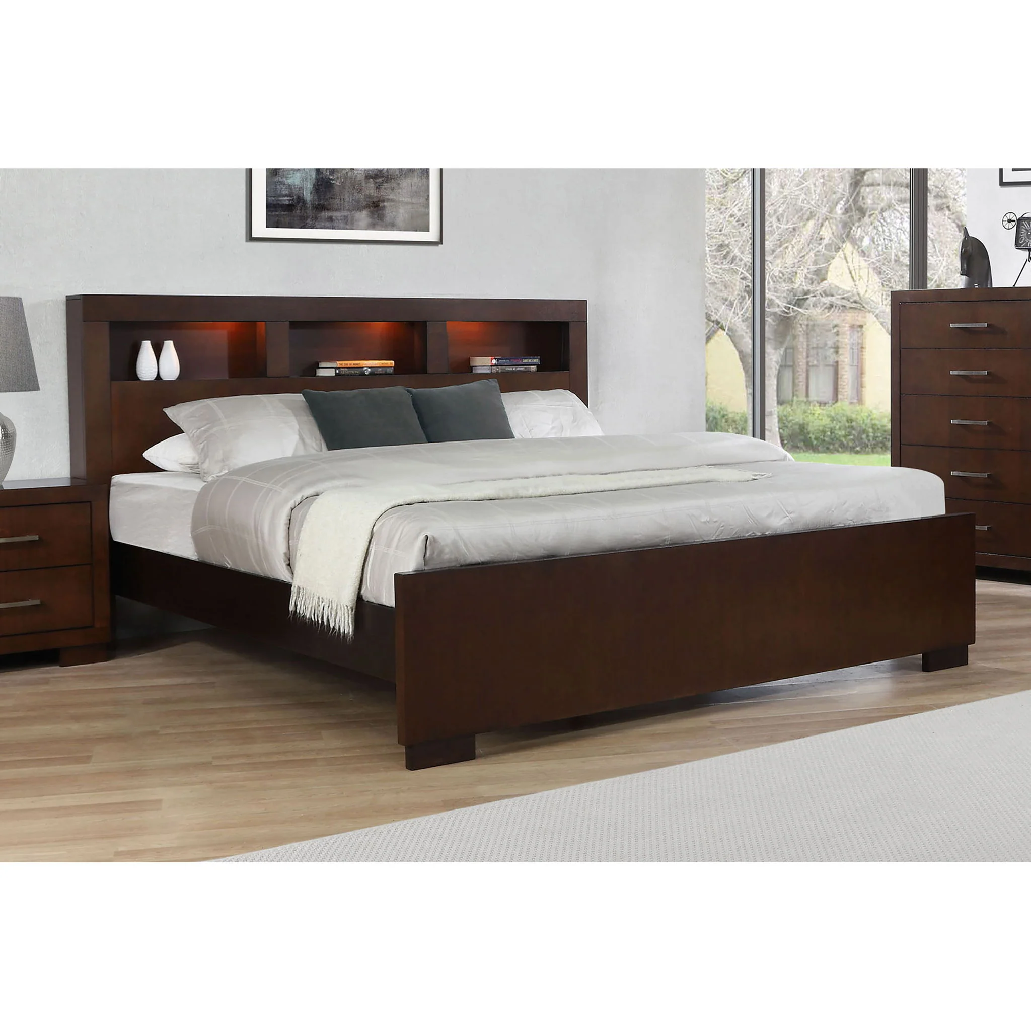 Queen Bed With Bookcase Headboard - Brown - Image 2
