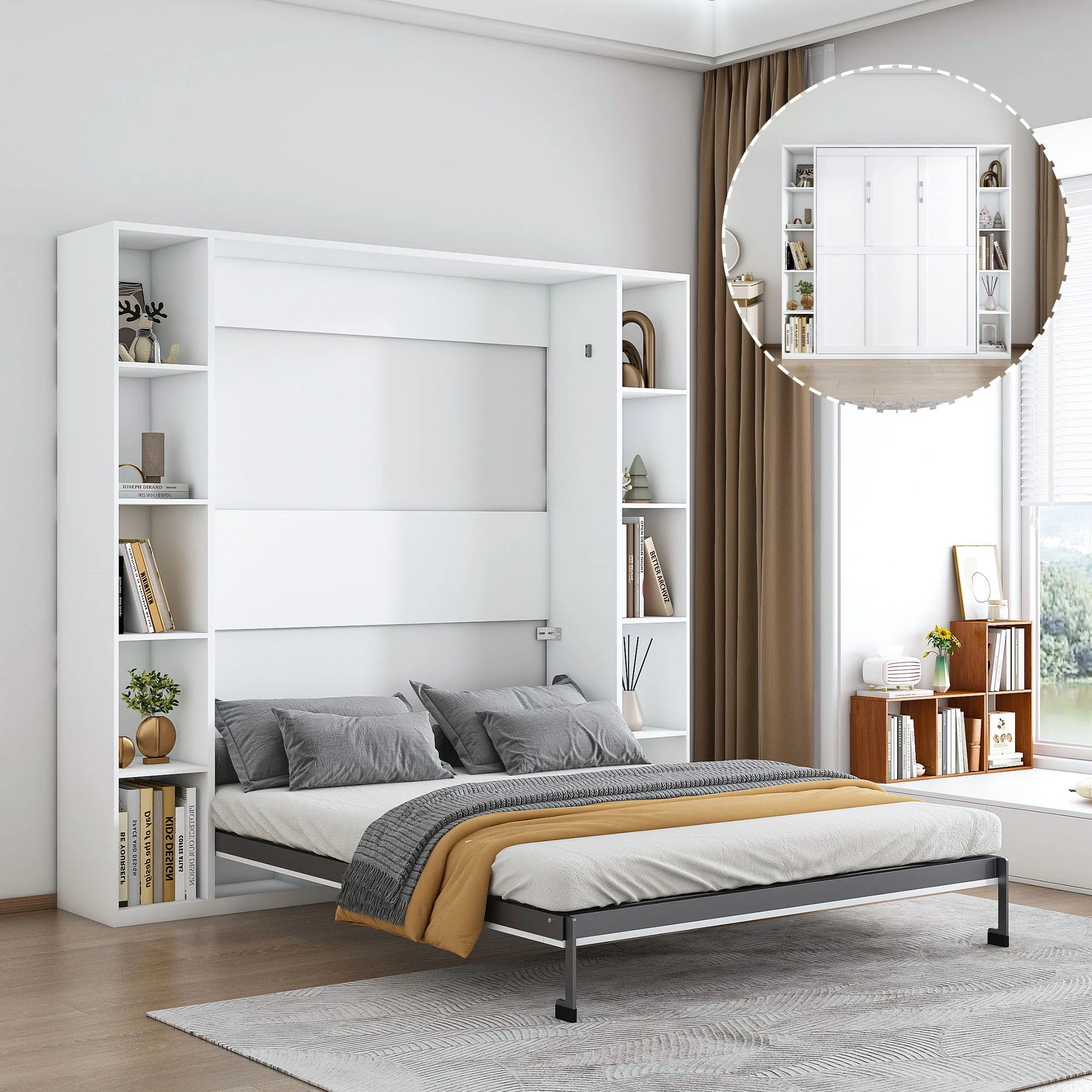 Queen Murphy Bed With Storage Cabinet - White - Image 2