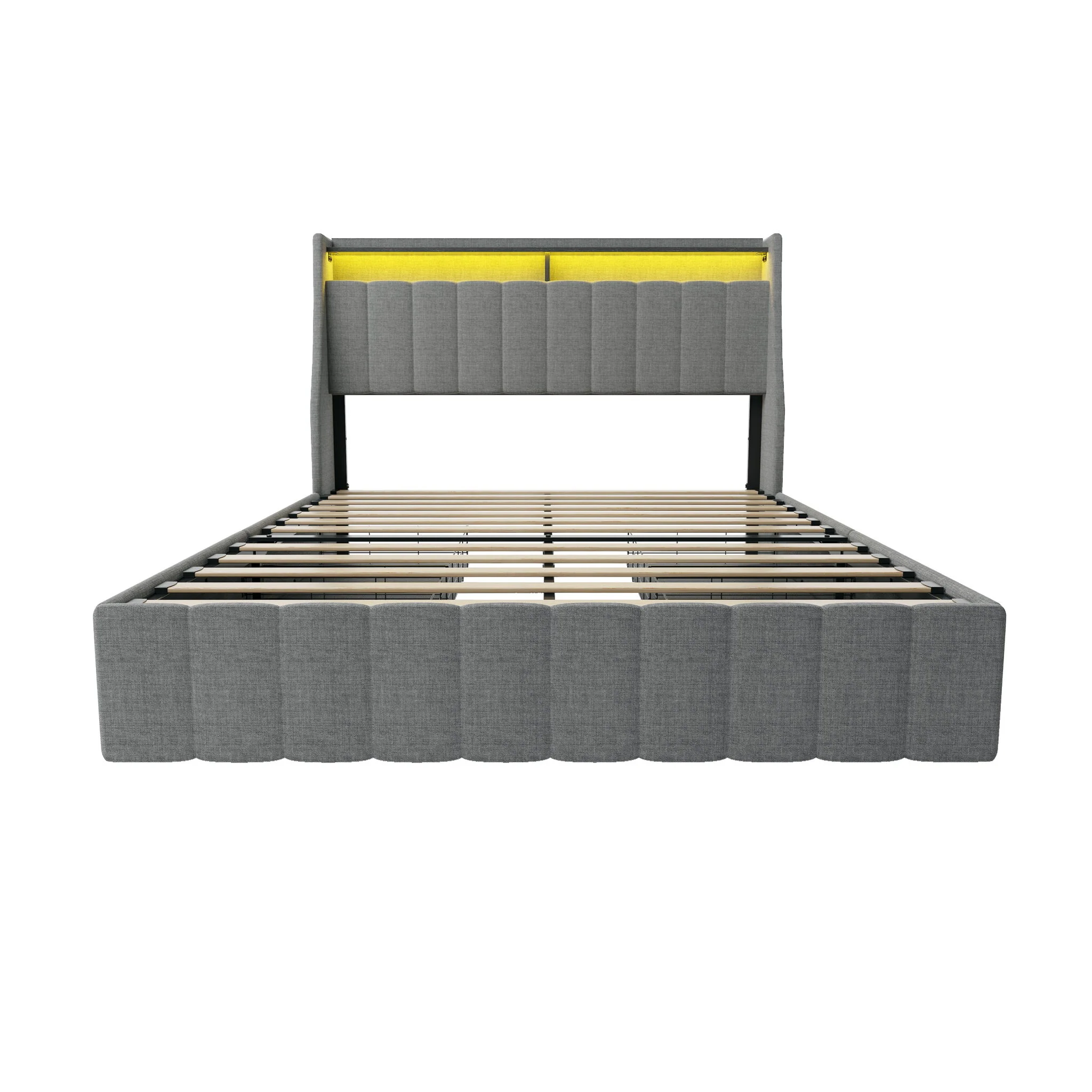 Queen Size Bed Frame With LED Lighting, Winged Headboard With Storage Drawers - Light Gray