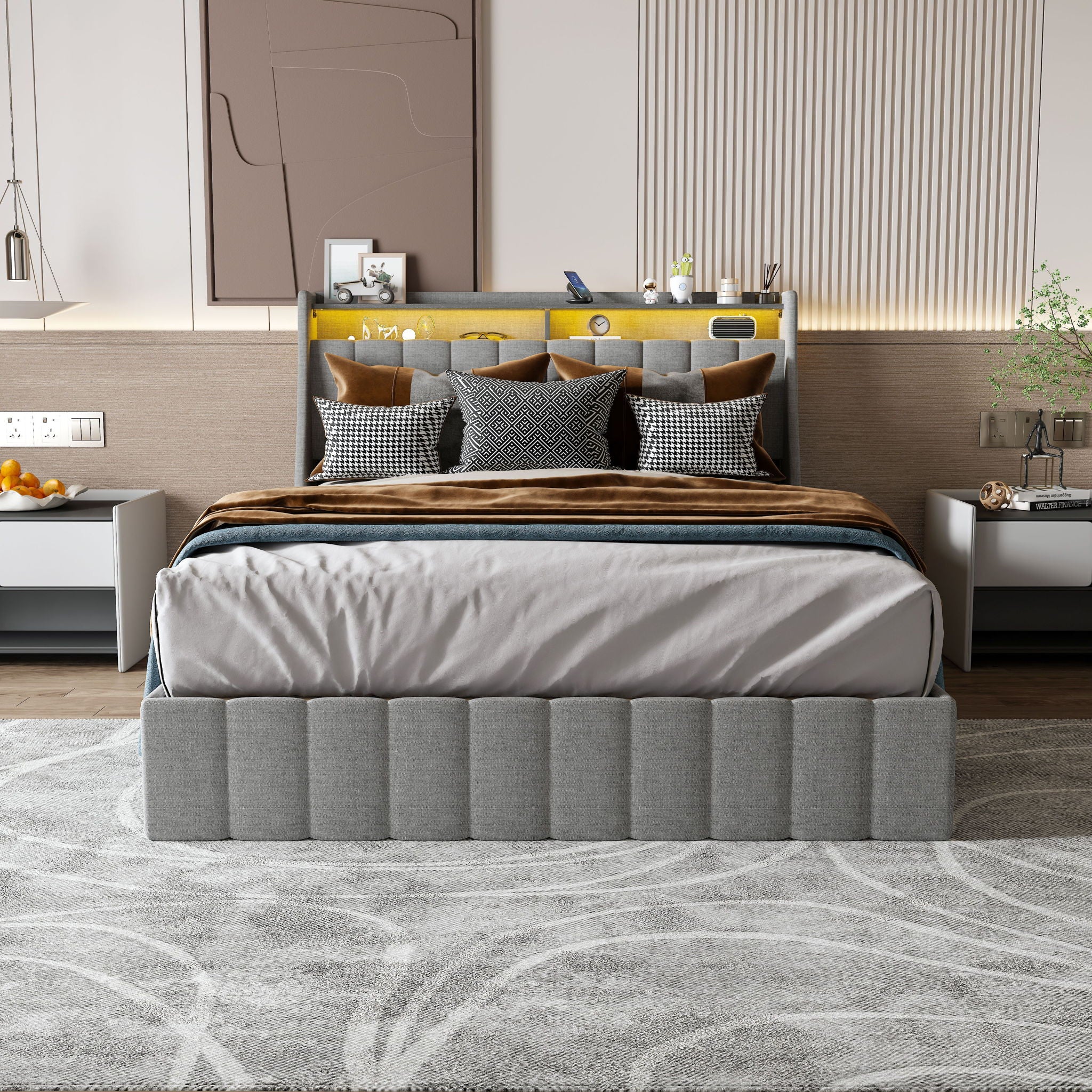 Queen Size Bed Frame With LED Lighting, Winged Headboard With Storage Drawers - Light Gray - Image 3