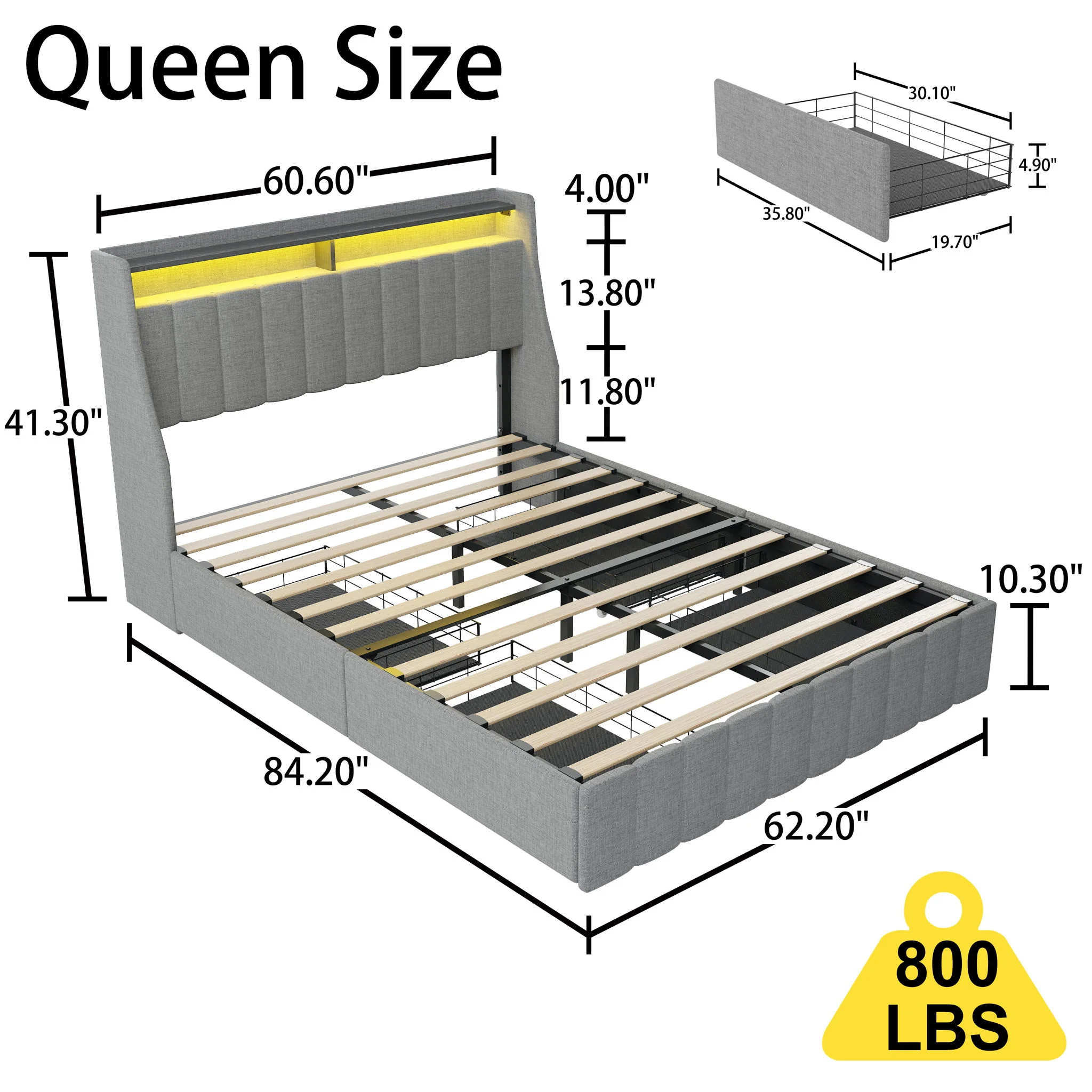 Queen Size Bed Frame With LED Lighting, Winged Headboard With Storage Drawers - Light Gray - Image 4