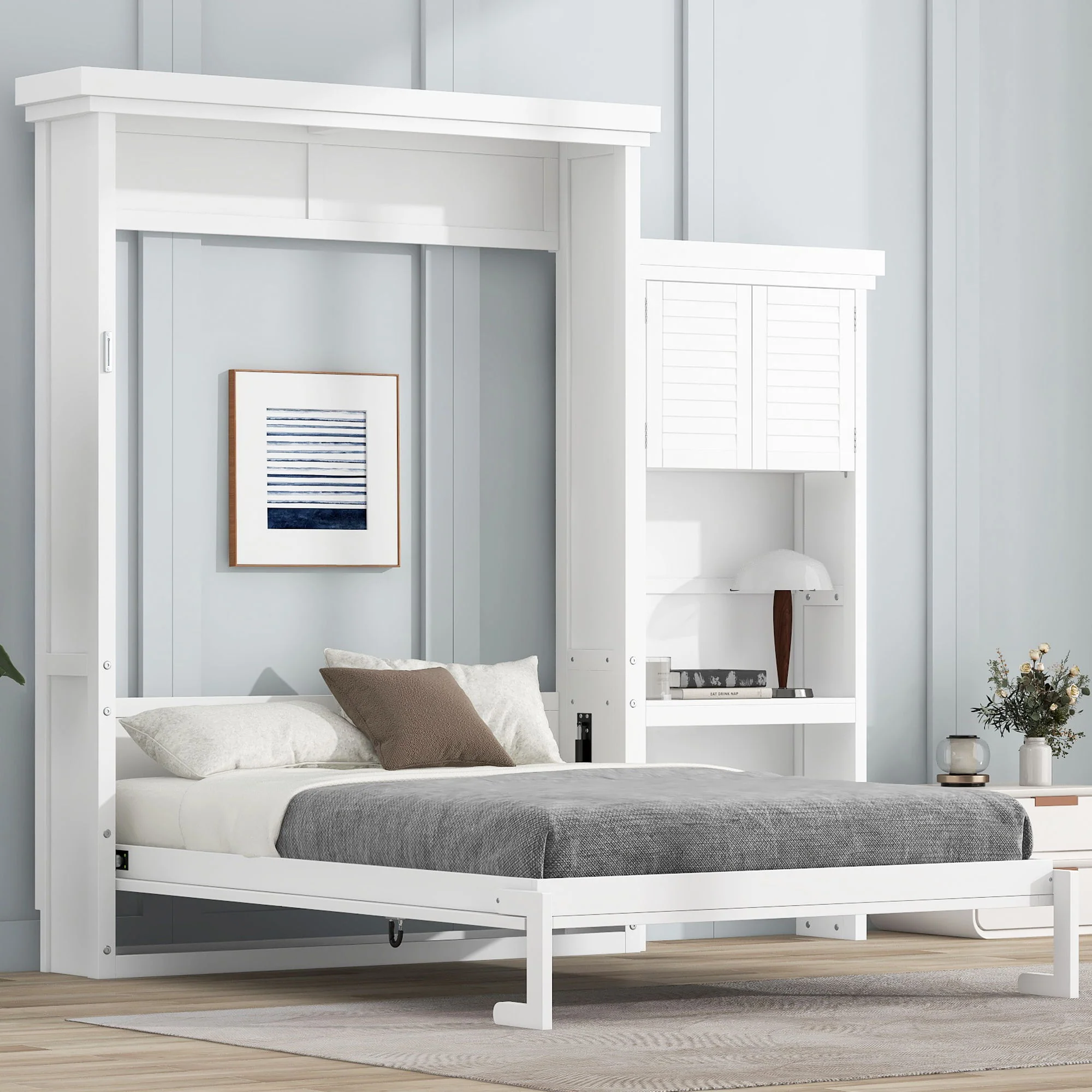 Queen Size Murphy Bed With Louvered Design And Multiple Storage Shelves - White - Image 3