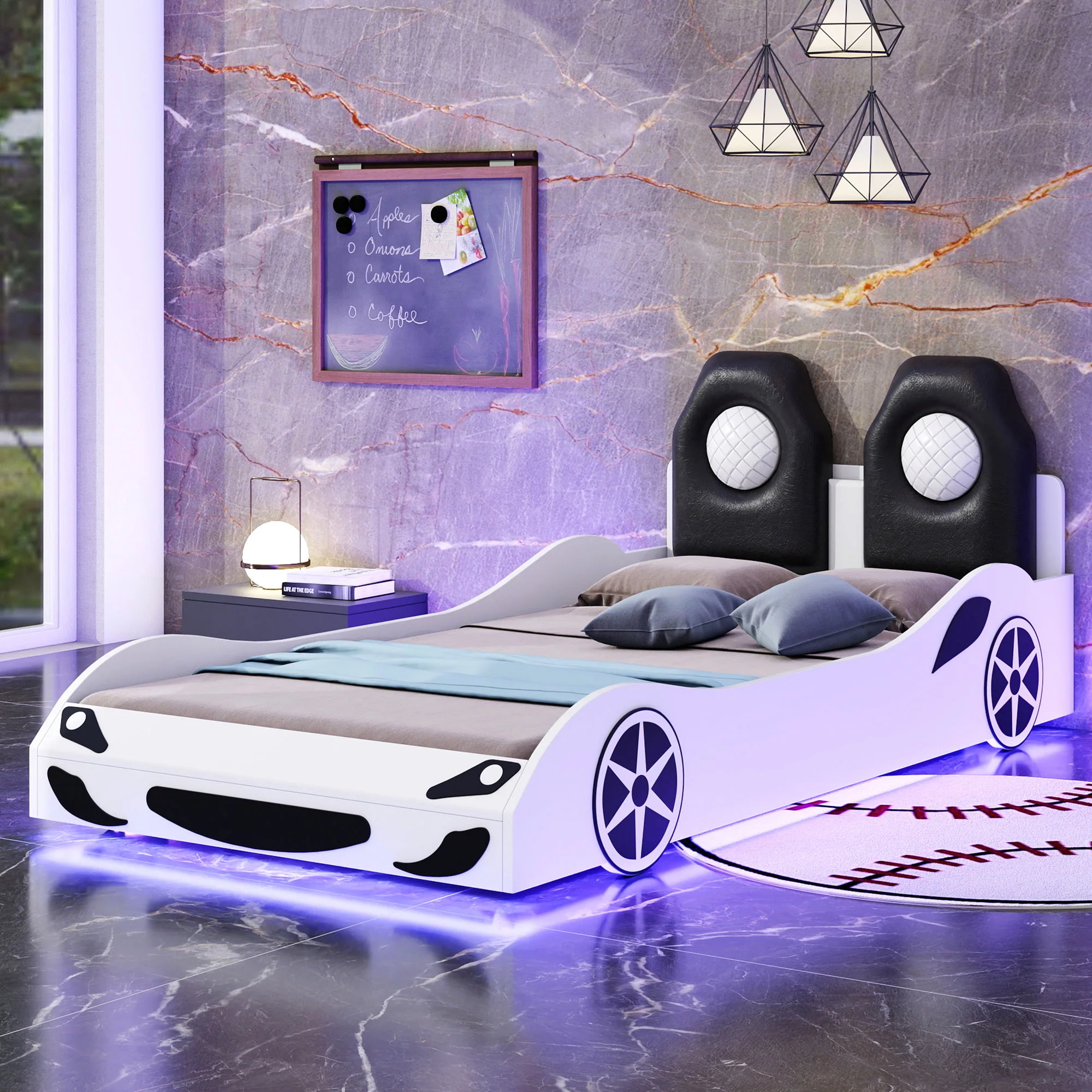 Race Car Shaped Platform Bed With LED And Upholstered Backrest In - Image 8