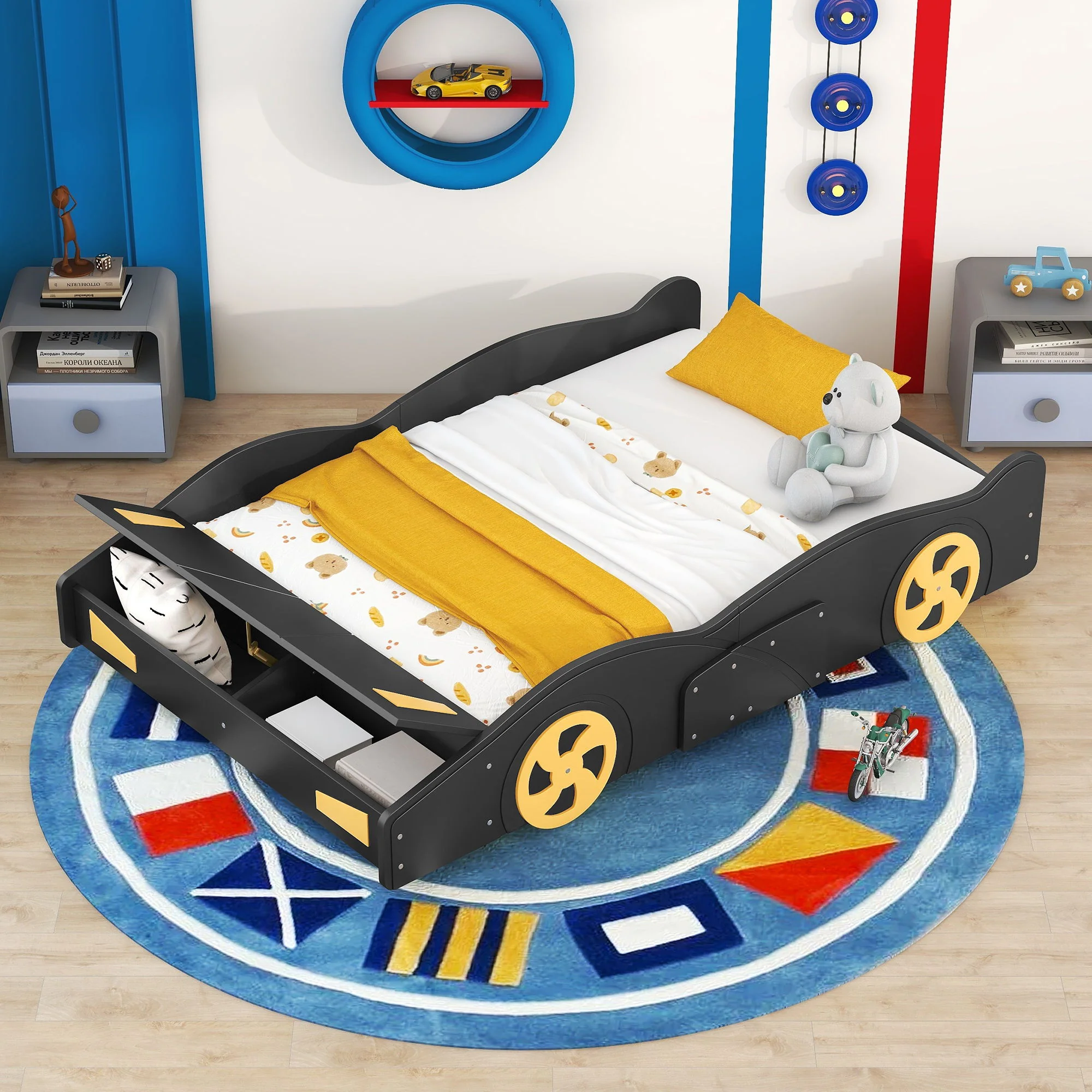 Race Car Shaped Platform Bed With Wheels And Storage - Image 15