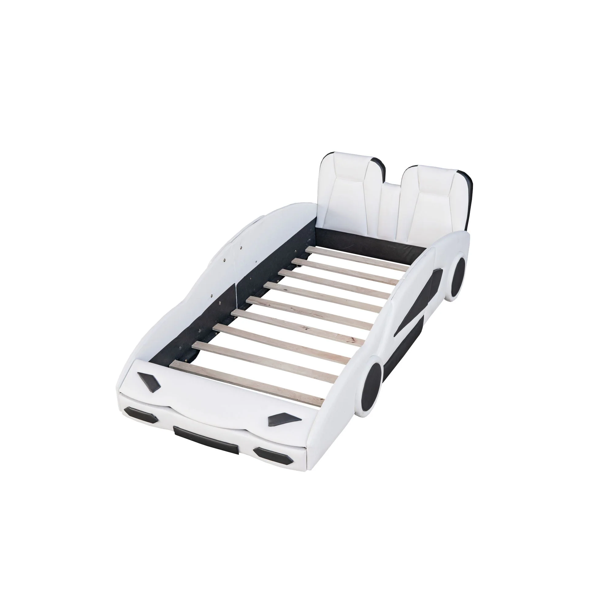 Race Car Shaped Twin Platform Bed With Wheels, Pine Wood Construction - Image 2