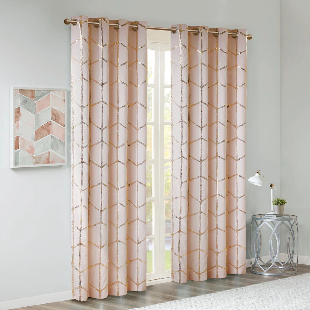 Raina - 63" Total Blackout Metallic Print Grommet Top Curtain Panel - Blush / Gold - Image 3