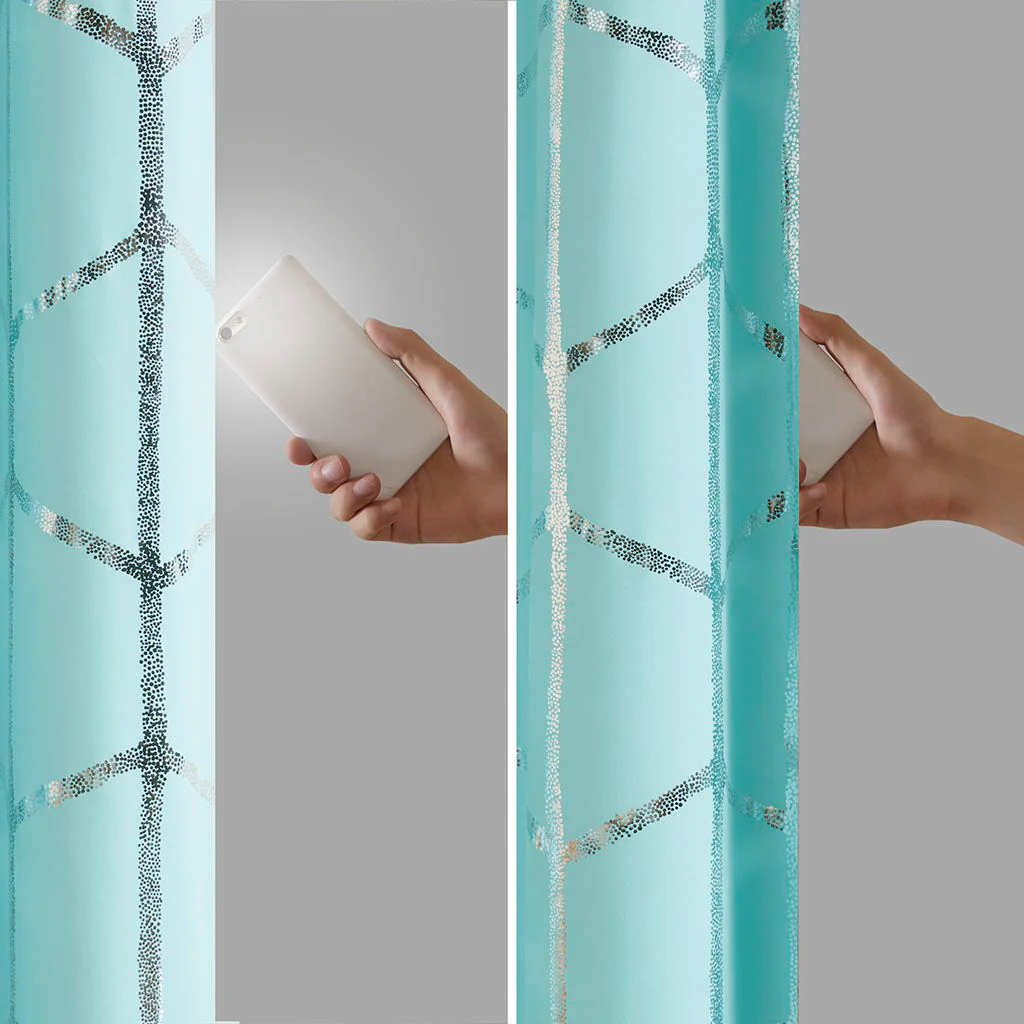 Raina - 84" Total Blackout Metallic Print Grommet Top Curtain Panel - Aqua / Silver - Image 2