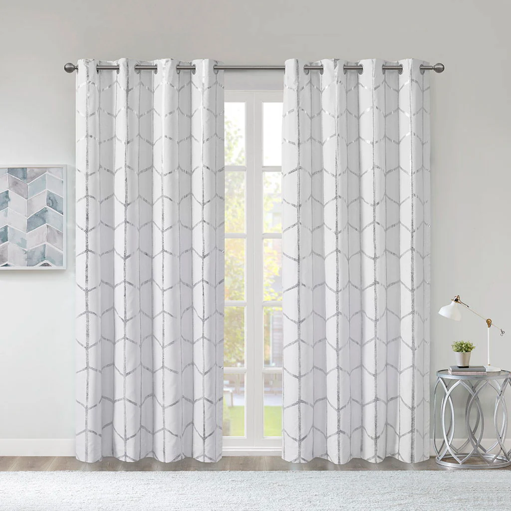 Raina - 84" Total Blackout Metallic Print Grommet Top Curtain Panel - White / Silver