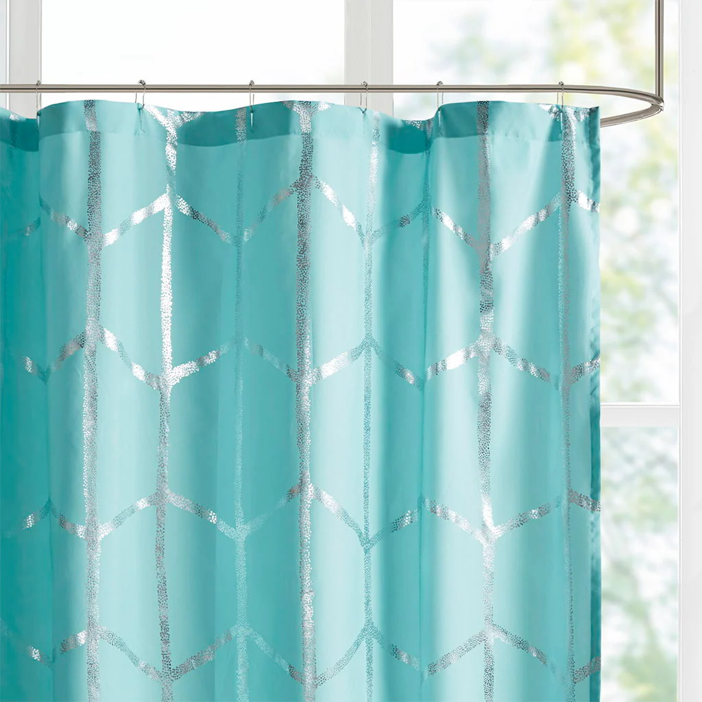 Raina - Printed Metallic Shower Curtain - Aqua / Silver - Image 4