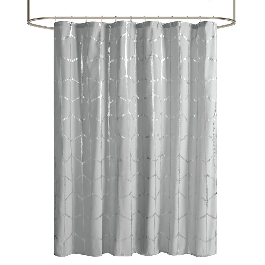 Raina - Printed Metallic Shower Curtain - Gray / Silver - Image 3