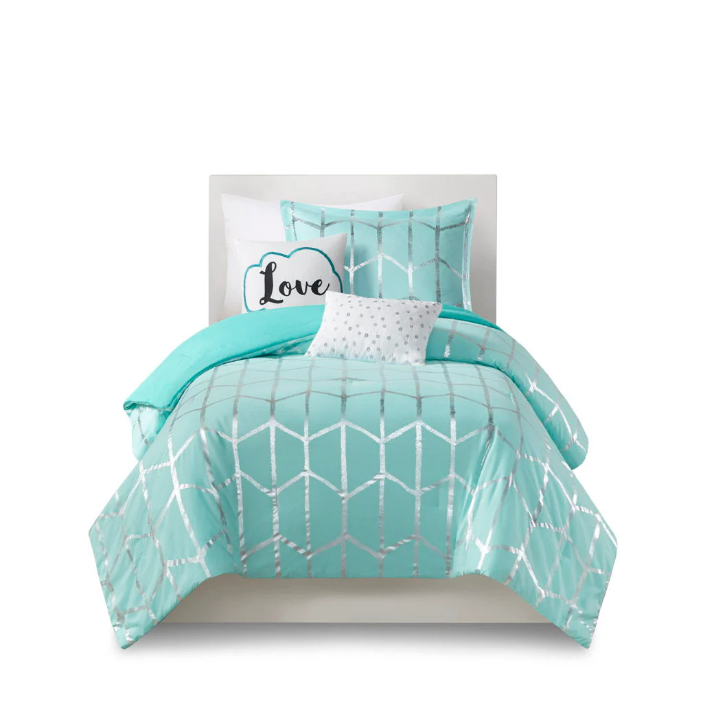 Raina - Twin Metallic Printed Comforter Set - Aqua / Silver - Image 4