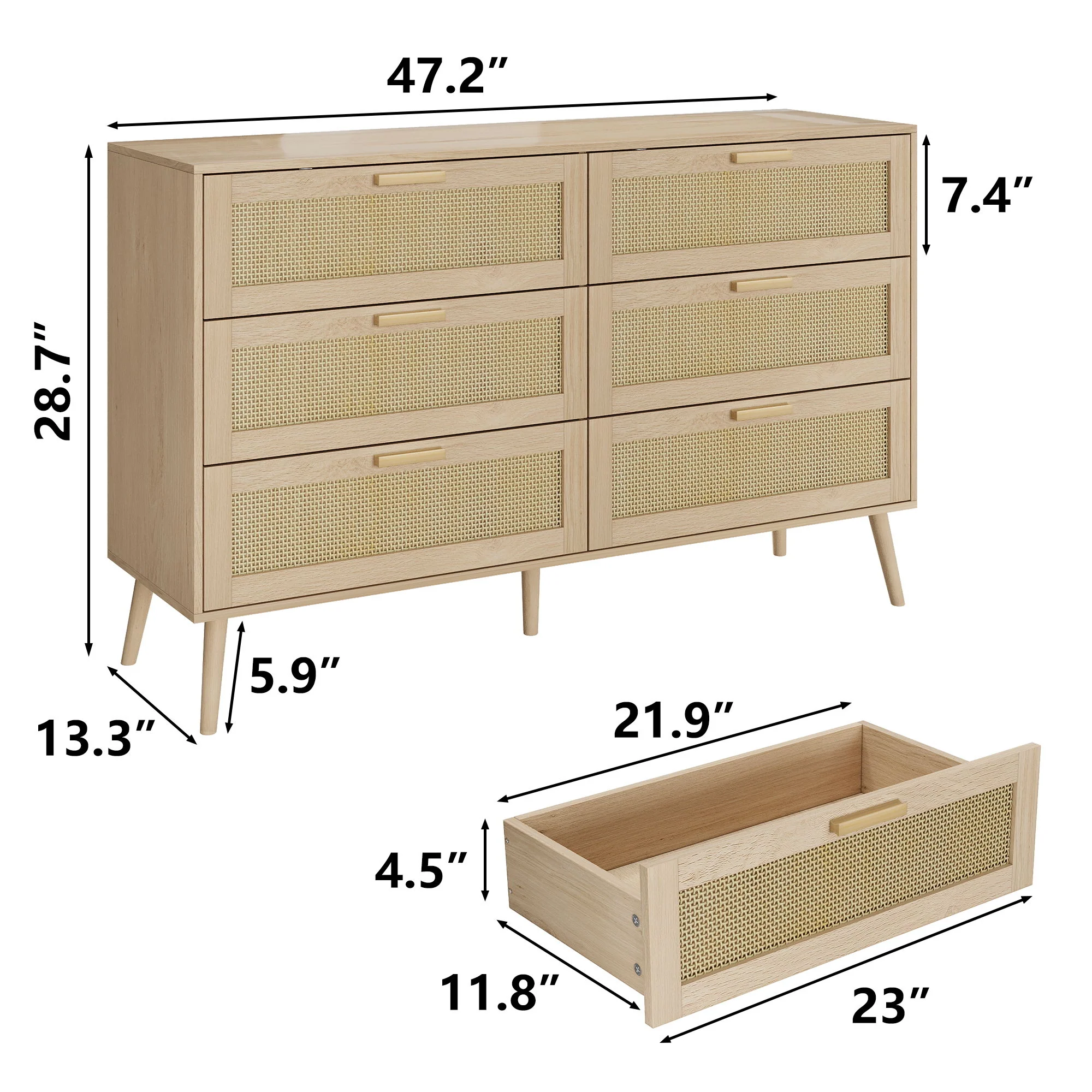 Rattan 6 Drawers Chest Of Dressers For Bedroom, Modern 6 Drawer Dresser, Wide Chest Of Drawers With Wood Handles, Rattan Dresser Storage Cabinet For Living Room, Bedroom, Hallway - Natural Wood / Oak - Image 2