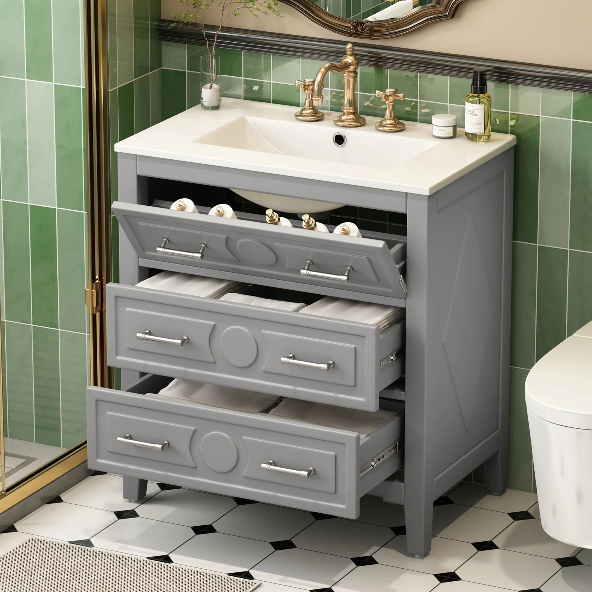 Retro Bathroom Vanity With Sink Combo, Free Standing Single Set With 3 Drawers - Image 13