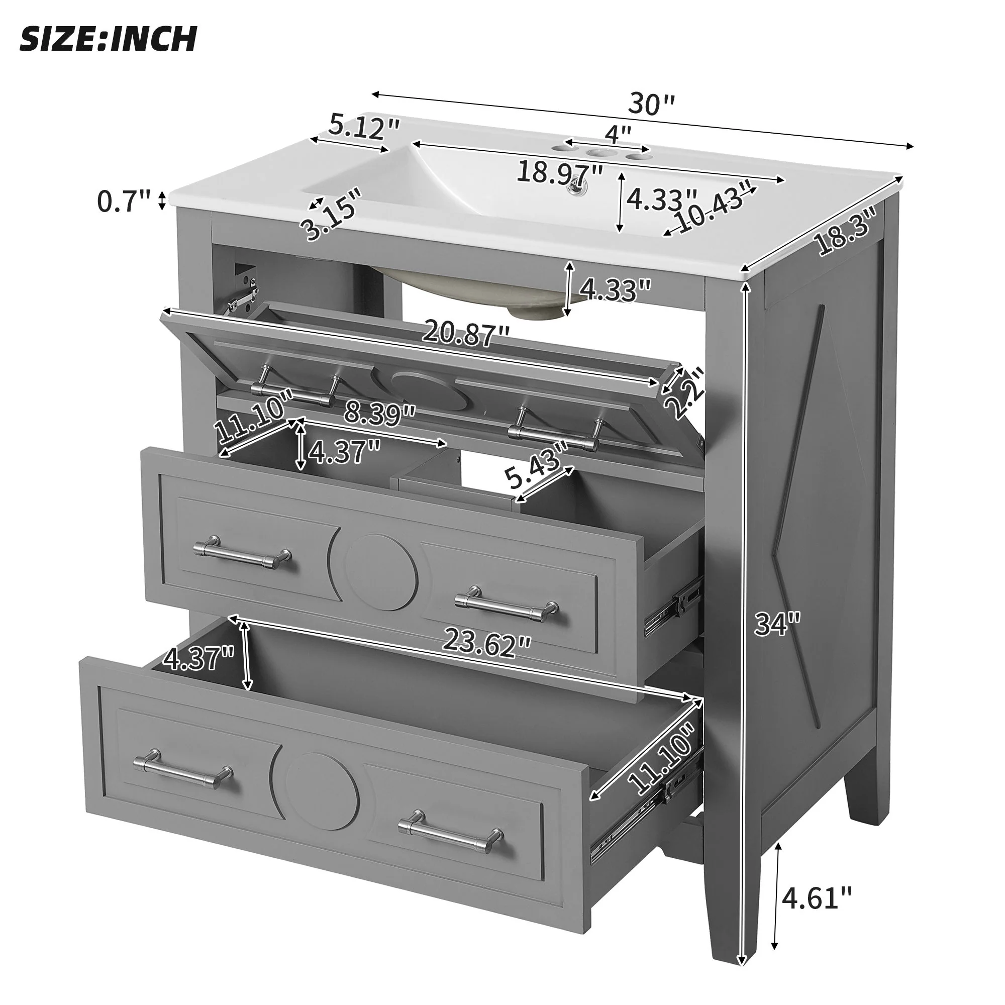 Retro Bathroom Vanity With Sink Combo, Free Standing Single Set With 3 Drawers - Image 9