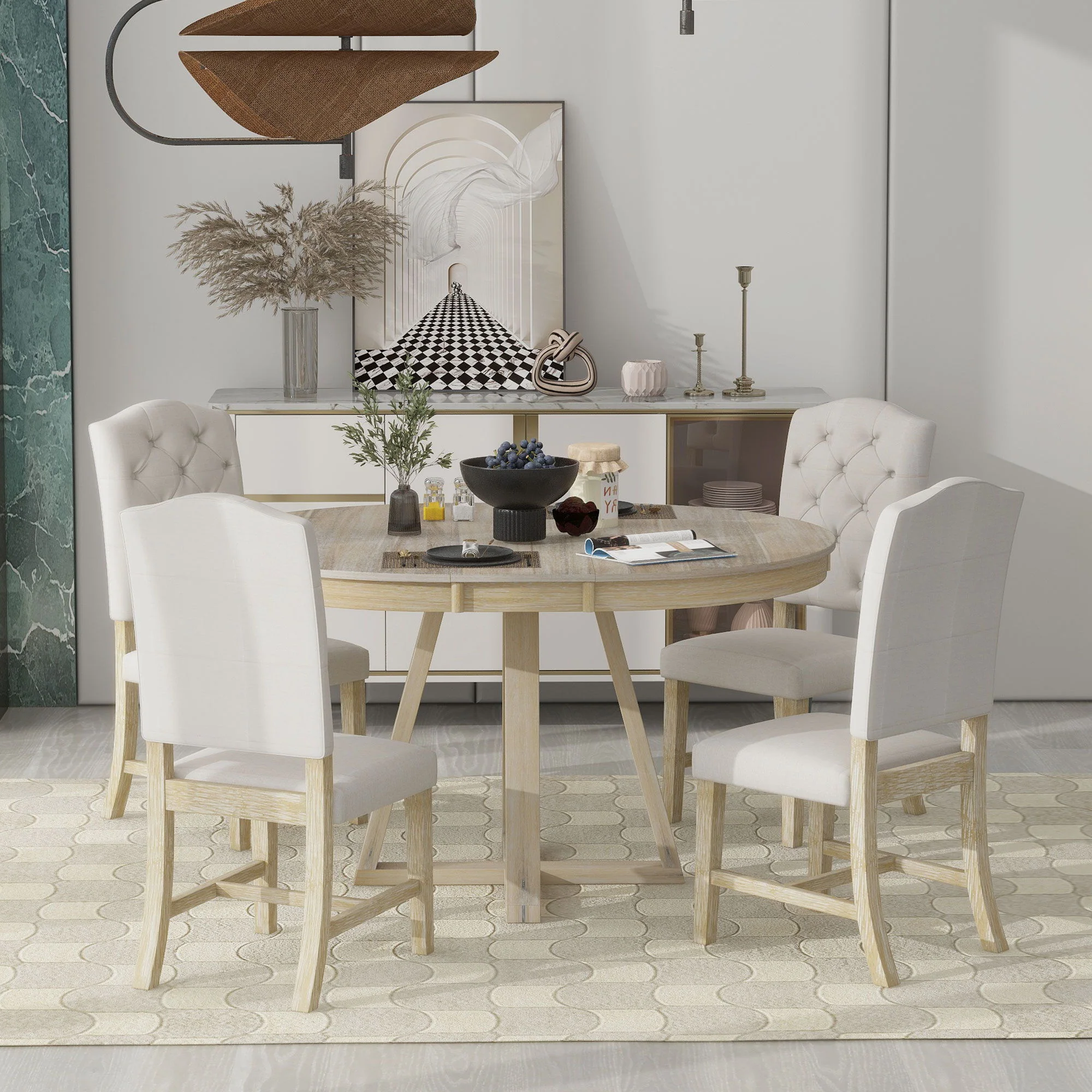 Retro Functional Dining Set, Round Table With Leaf And Upholstered Chairs For Dining Room And Living Room - Image 4