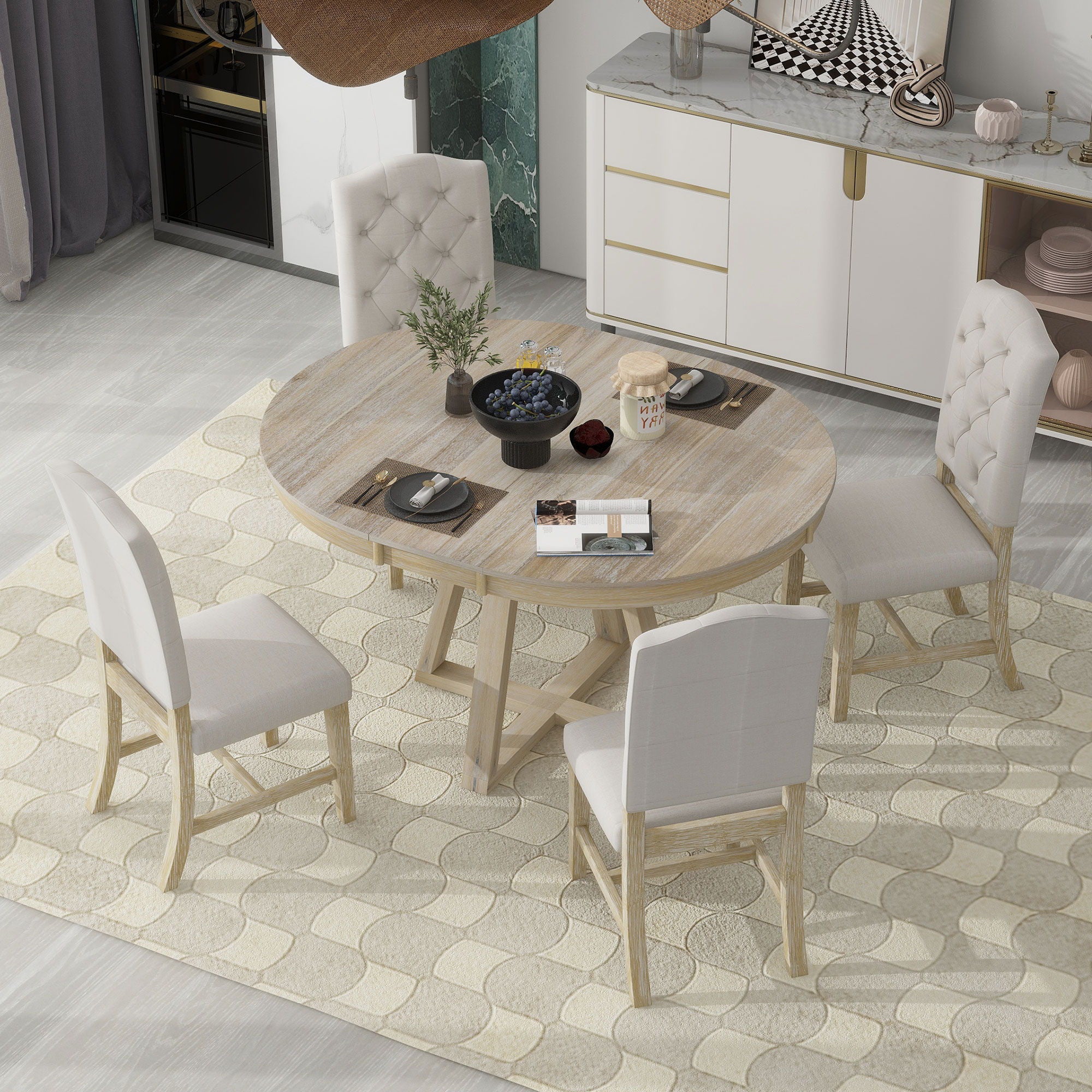 Retro Functional Dining Set, Round Table With Leaf And Upholstered Chairs For Dining Room And Living Room - Image 7