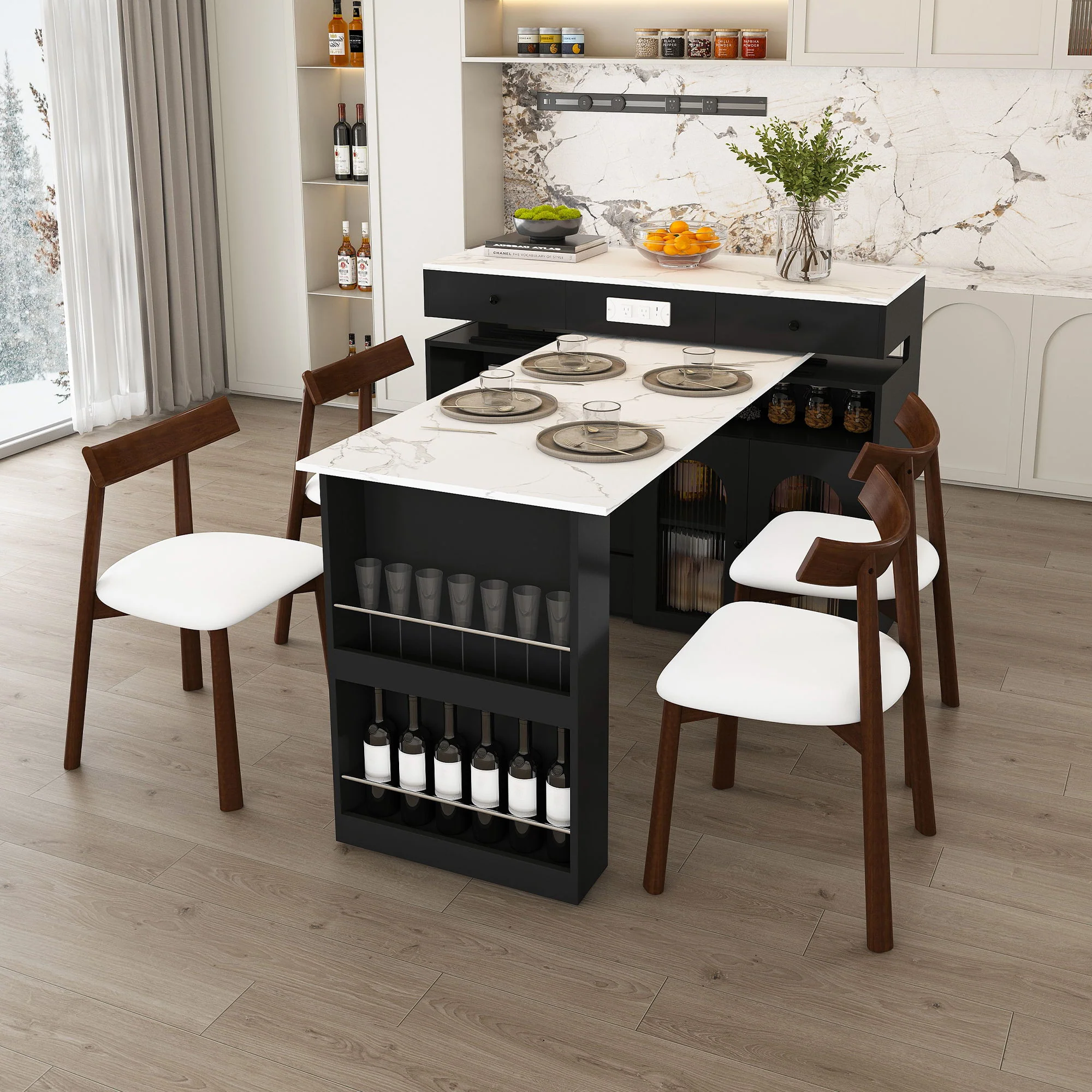 Retro Kitchen Island Set With Chairs, Extendable & Rotating Table, 4 Drawers & Door Cabinets - Image 7