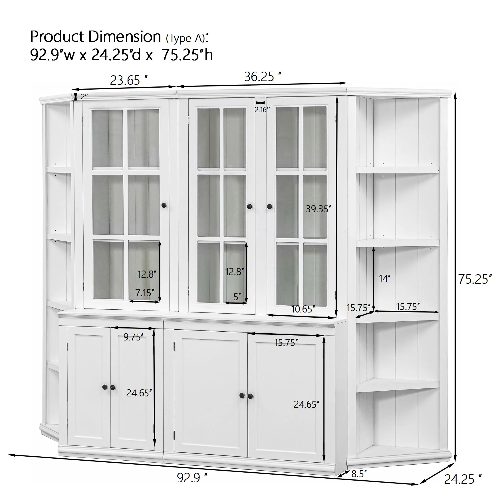 Retro Style Wall Suit With Glass Doors, 75.25" Tall Display Cabinets & Triangle Sided Bookshelves - White - Image 2