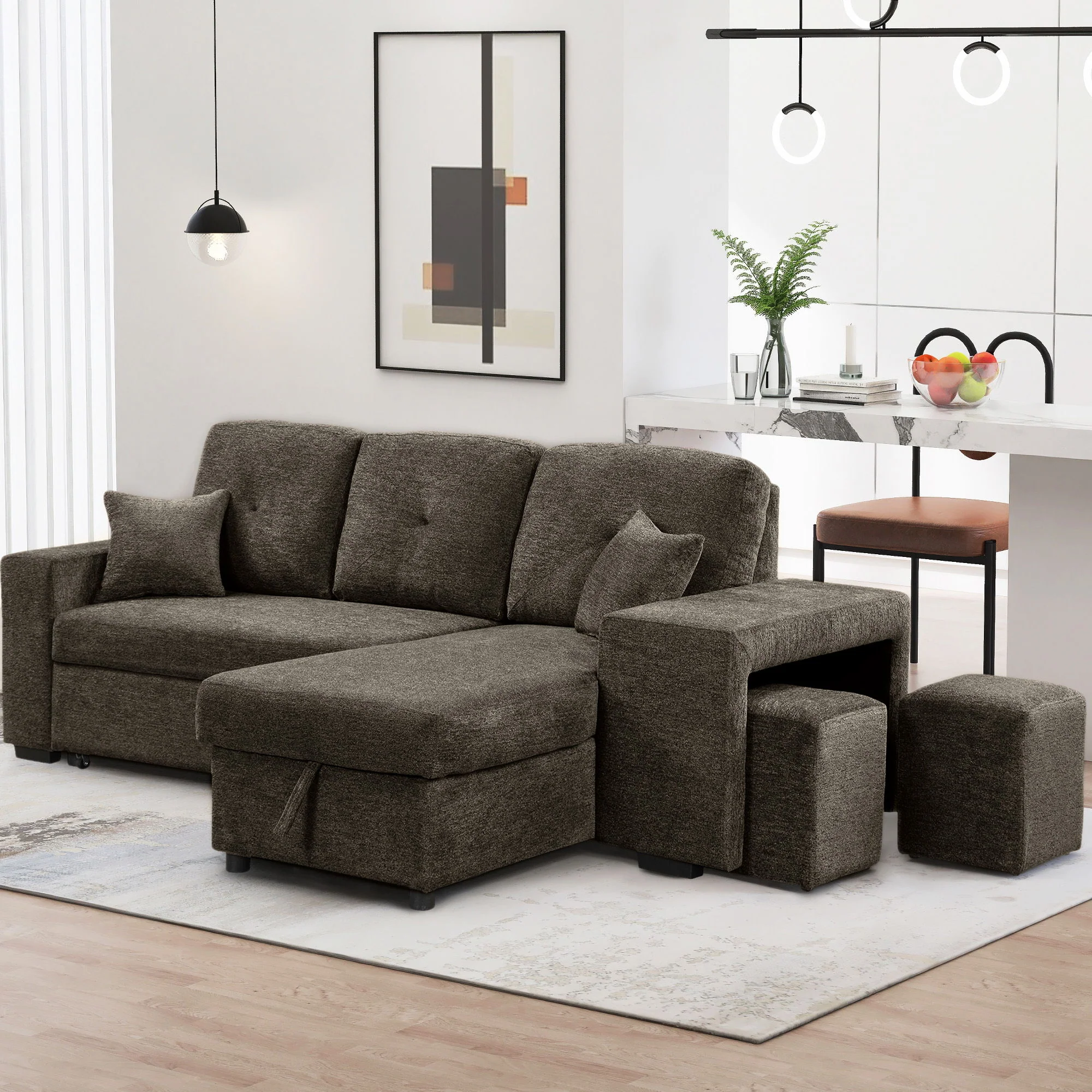 Reversible Sleeper Sectional Sofa Bed With Side Shelf And 2 Stools, Pull-Out L-Shaped Sofa Bed, Corner Sofa-Bed With Storage Chaise Left / Right Hande For Living Room - Image 7