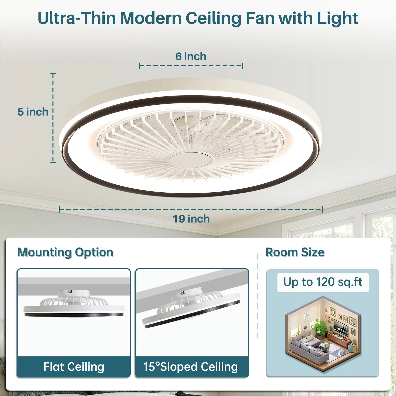 RGB Dimmable LED Bladeless Ceiling Fan With Remote Control, Flush Mount - White - Image 3